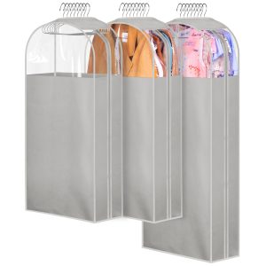 MISSLO 10" Gusseted Garment Bags for Hanging Clothes 40"+50" Clear Suit Bags for Closet Storage Dress Bag for Gowns Long Coat Protector, 3 Packs, Grey