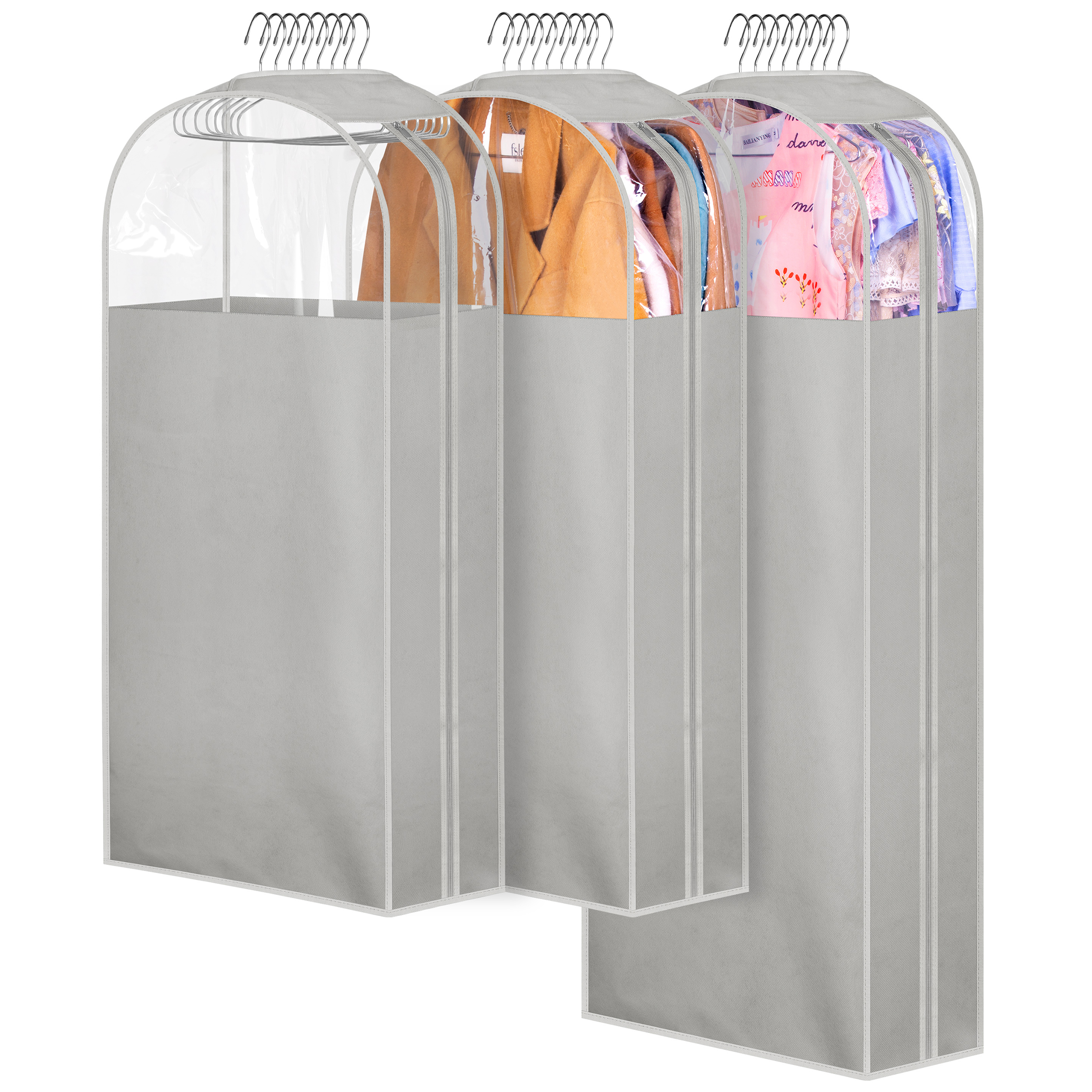 MISSLO 10" Gusseted Garment Bags for Hanging Clothes 40"+50" Clear Suit Bags for Closet Storage Dress Bag for Gowns Long Coat Protector, 3 Packs, Grey