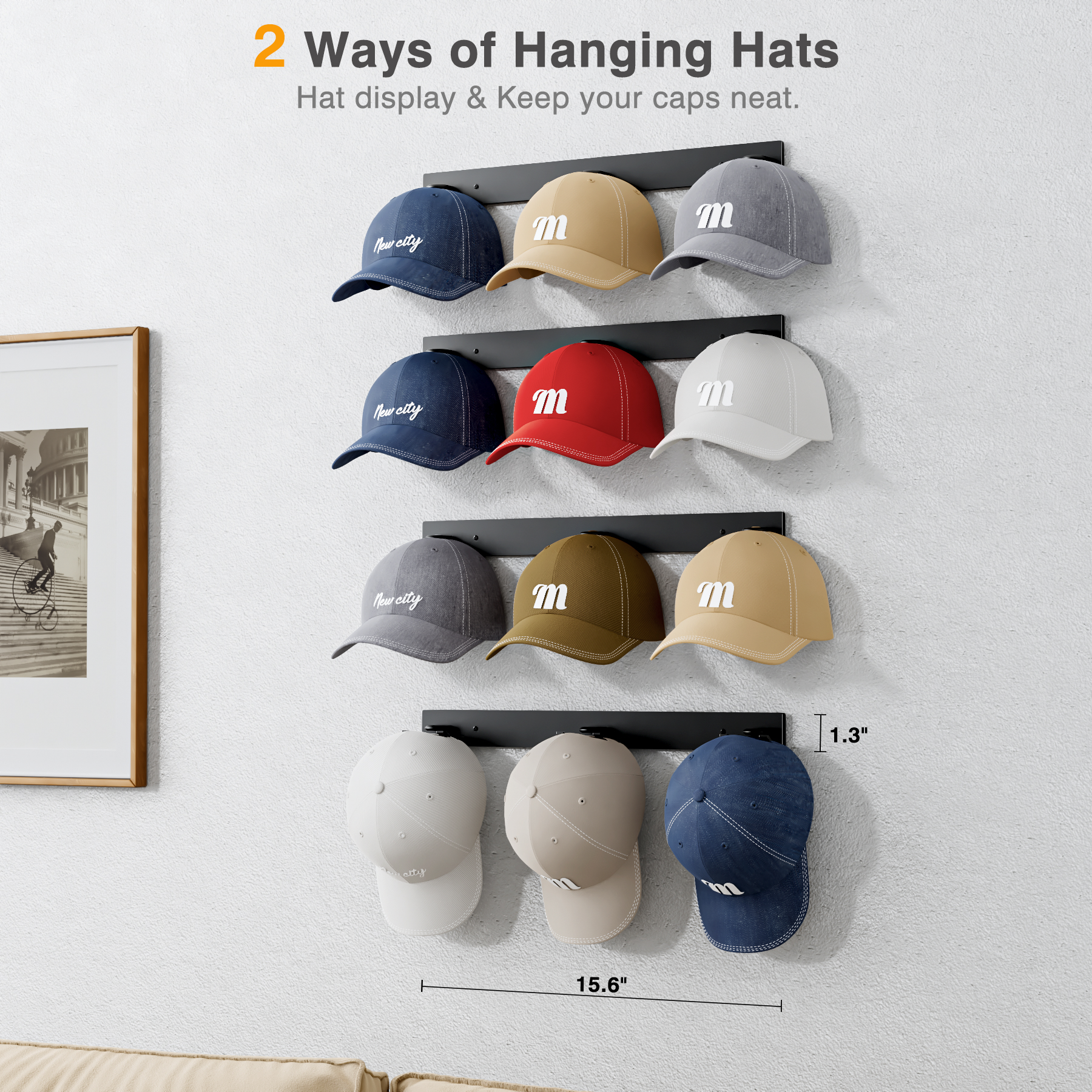 MISSLO Hat Rack for Wall with 2-way Display Hat Hooks for Wall Hanger 4 Pack Holds 24 Baseball Cap Holder Organizer for Closet, Wall Mounted, Bedroom Storage - Image 2
