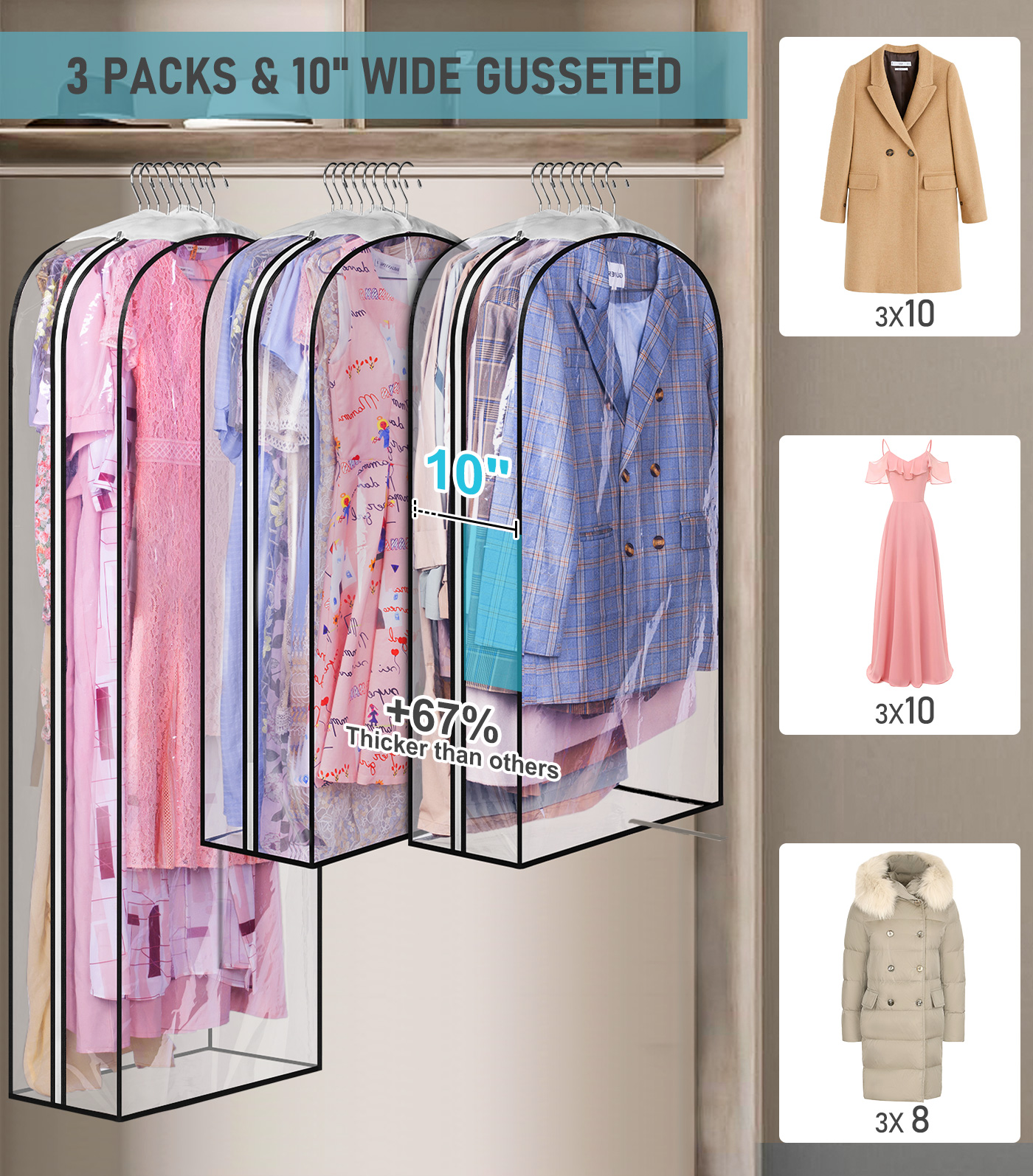 MISSLO 10" Gusseted All Clear Garment Bags for Hanging Clothes 40"+60" Suit Bags for Closet Storage Dresses Protectors for Shirts, Coats, Gowns, 3 Packs - Image 2