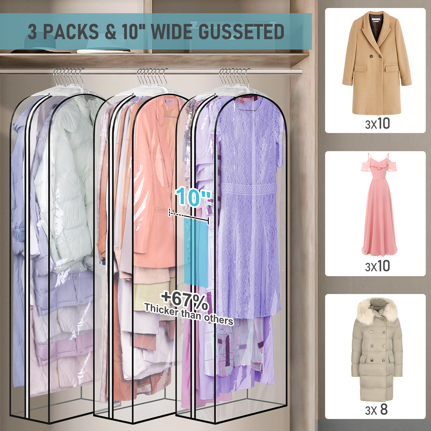 MISSLO 10" Gusseted All Clear Garment Bags for Hanging Clothes 60" Dress Bags for Gowns Long Fur Coat Closet Storage Covers, 3 Packs - Image 2