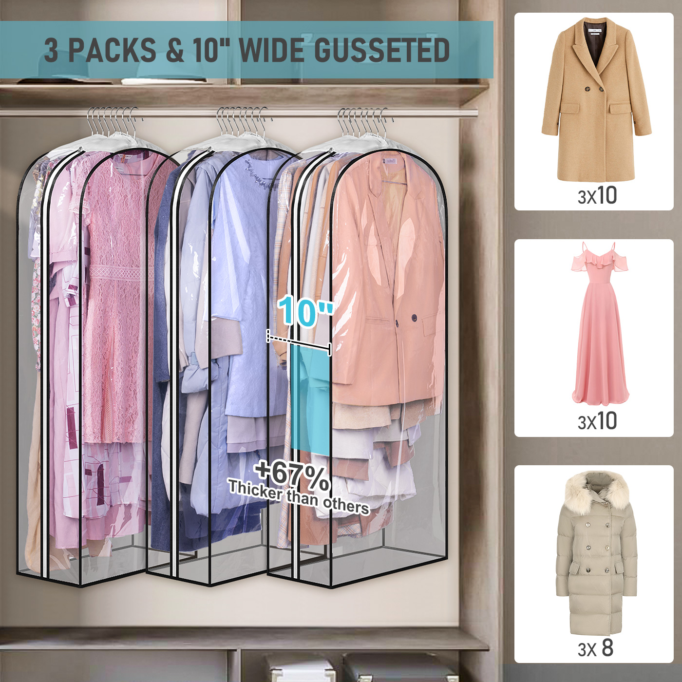 MISSLO 10" Gusseted All Clear Garment Bags for Hanging Clothes 50" Dress Bags for Closet Storage Coat Protectors for Suits, Gowns, 3 Packs - Image 2