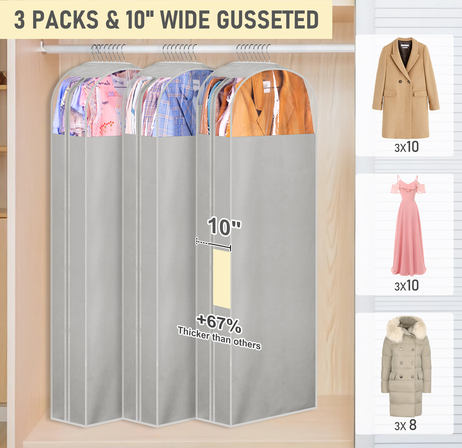 MISSLO 10" Gusseted Garment Bags for Hanging Clothes Storage 60" Dress Bags for Gowns Long Breathable Dress Cover for Closet Storage Coat Protector, 3 Packs, Grey - Image 2