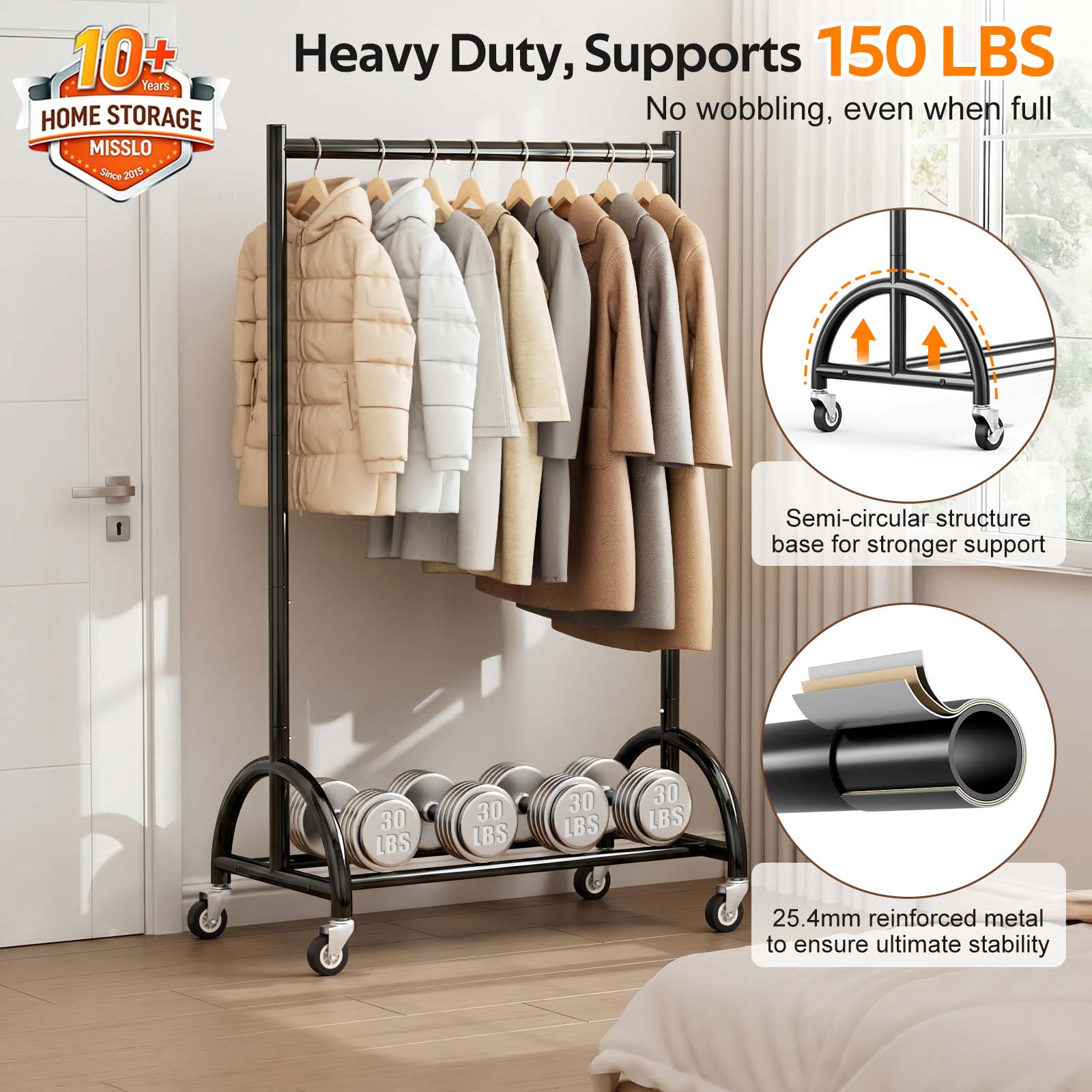 MISSLO Heavy Duty Clothing Rack with Wheels Rolling Clothes Racks for Hanging Clothes, Coats, Garment, Dress, Black, 28" W - Image 3