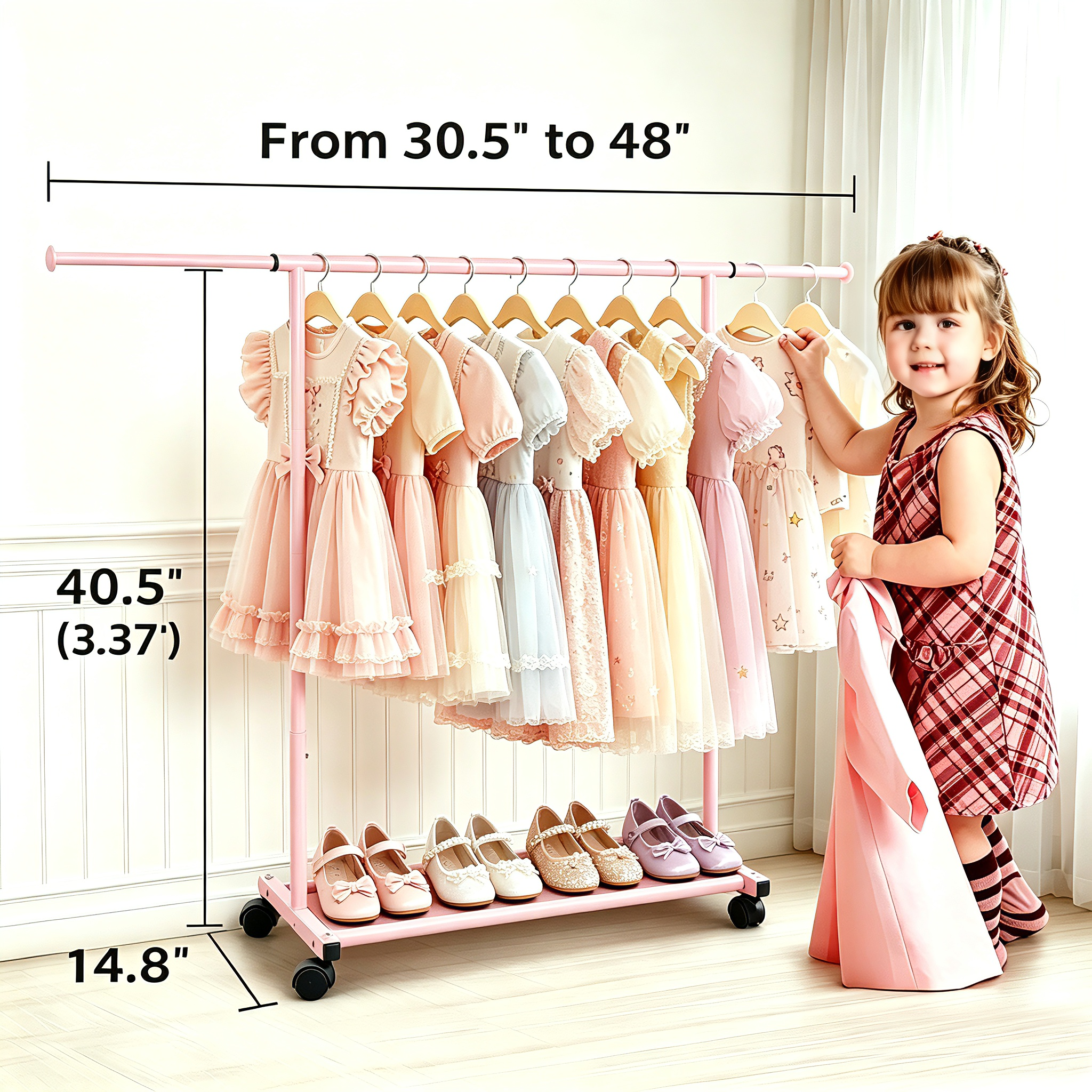 MISSLO Small Garment Racks for Hanging Clothes Rack Mini Kids Clothing Rack Rolling Dress up Storage for Toddler, Baby, Little Girl, Children, Adult(Pink) - Image 2