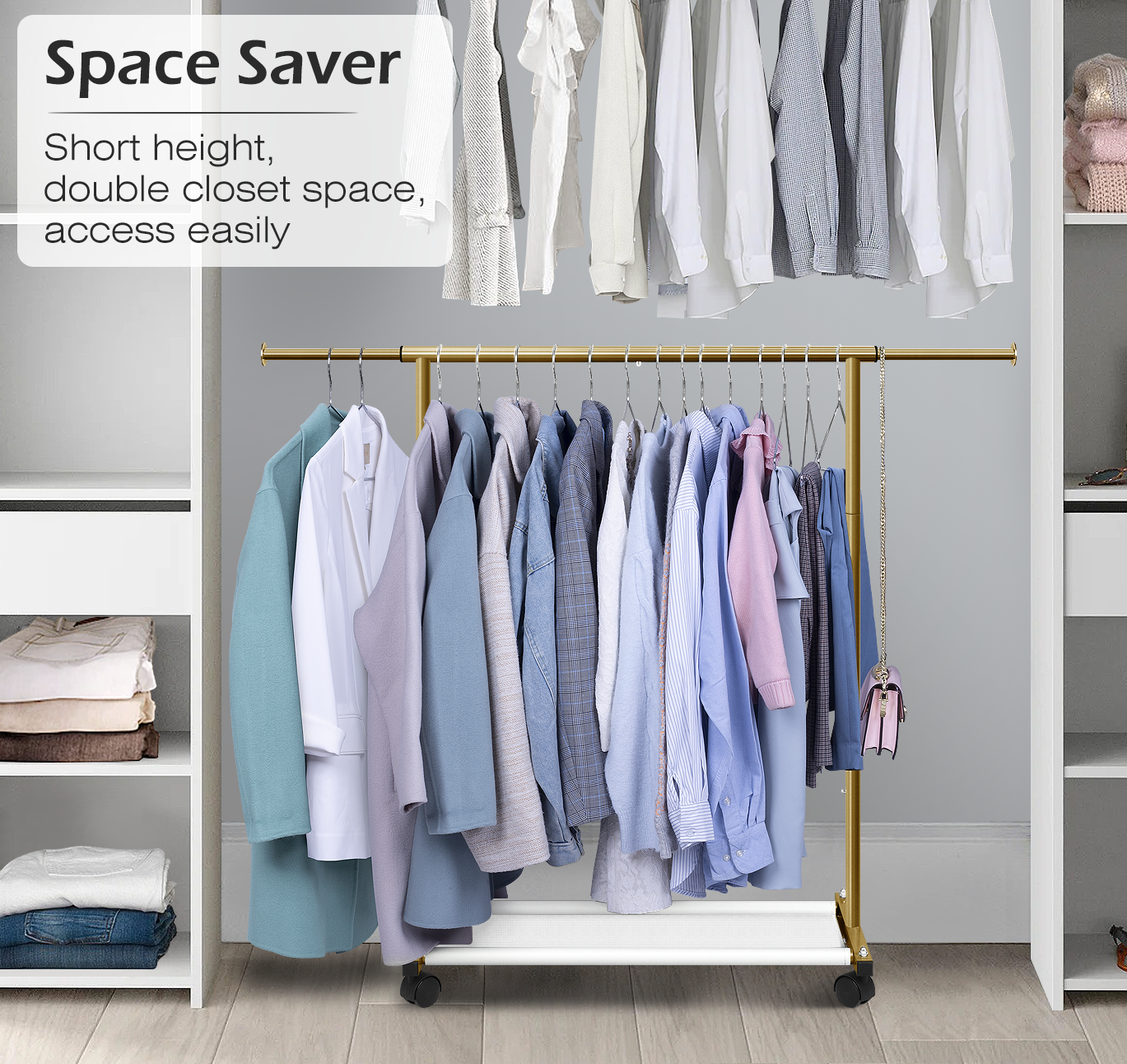 MISSLO Short Clothing Racks for Hanging Clothes with Bottom Shelves and Wheels Heavy Duty Rolling Clothes Rack Kids Clothing Rack for Adult Coat, Closet, Wardrobe (Gold) - Image 2