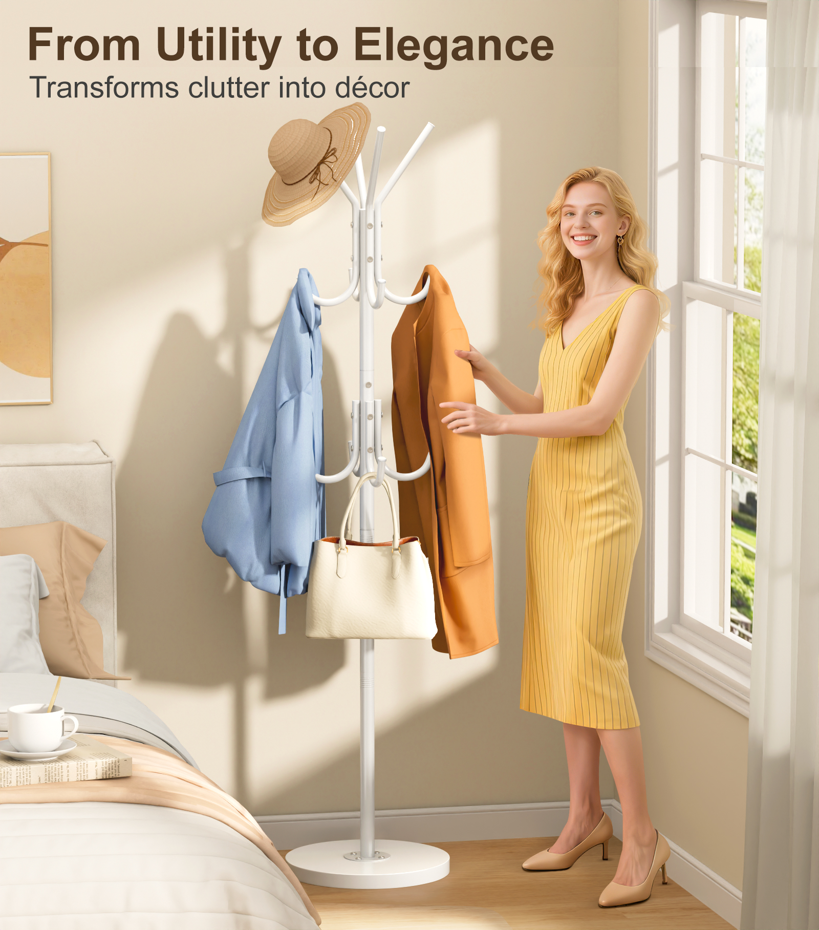 MISSLO Heavy Duty Coat Rack Freestanding with Stable Wood Base Modern Coat Tree with 12 Hooks Adjustable Coats Hanger Stand Stylish Standing Clothes Tree for Entryway Bedroom Corner Hall (White) - Image 2