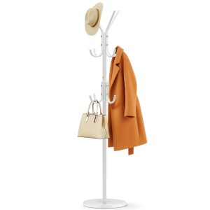 MISSLO Heavy Duty Coat Rack Freestanding with Stable Wood Base Modern Coat Tree with 12 Hooks Adjustable Coats Hanger Stand Stylish Standing Clothes Tree for Entryway Bedroom Corner Hall (White)