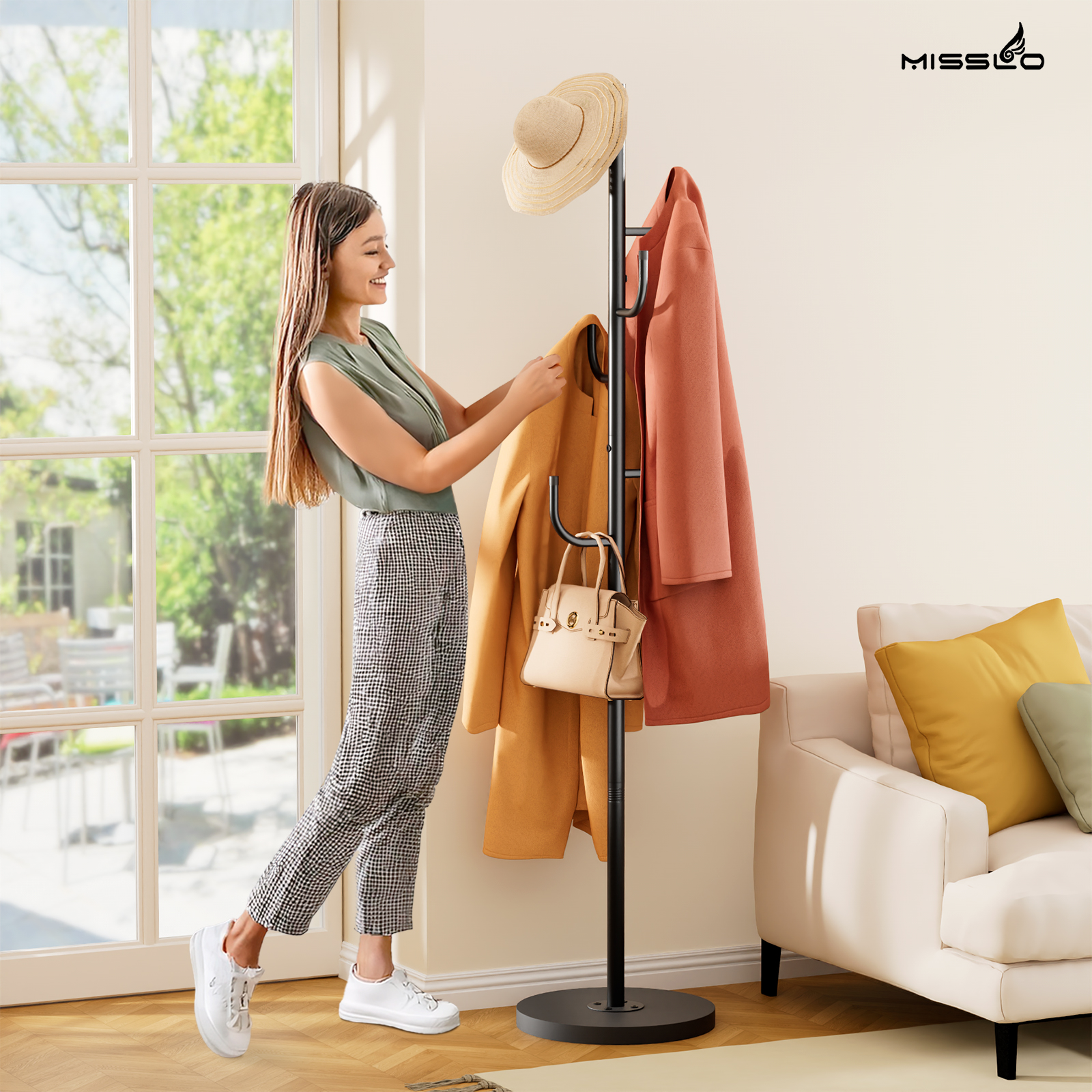 MISSLO Heavy Duty Coat Rack Freestanding with Stable Wood Base Metal Coat Tree Adjustable Coats Hanger Stand with 6 Hooks Clothes Tree for Jackets, Hats, Bags Standing Purse Rack for Bedroom, Office - Image 2