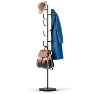 MISSLO Heavy Duty Coat Rack Freestanding Modern L-shaped Coat Tree 9 Hooks Metal Coat Hanger Stand with Stable Wood Base Adjustable Clothes Tree Standing Purse Rack for Hall, Bedroom, Office