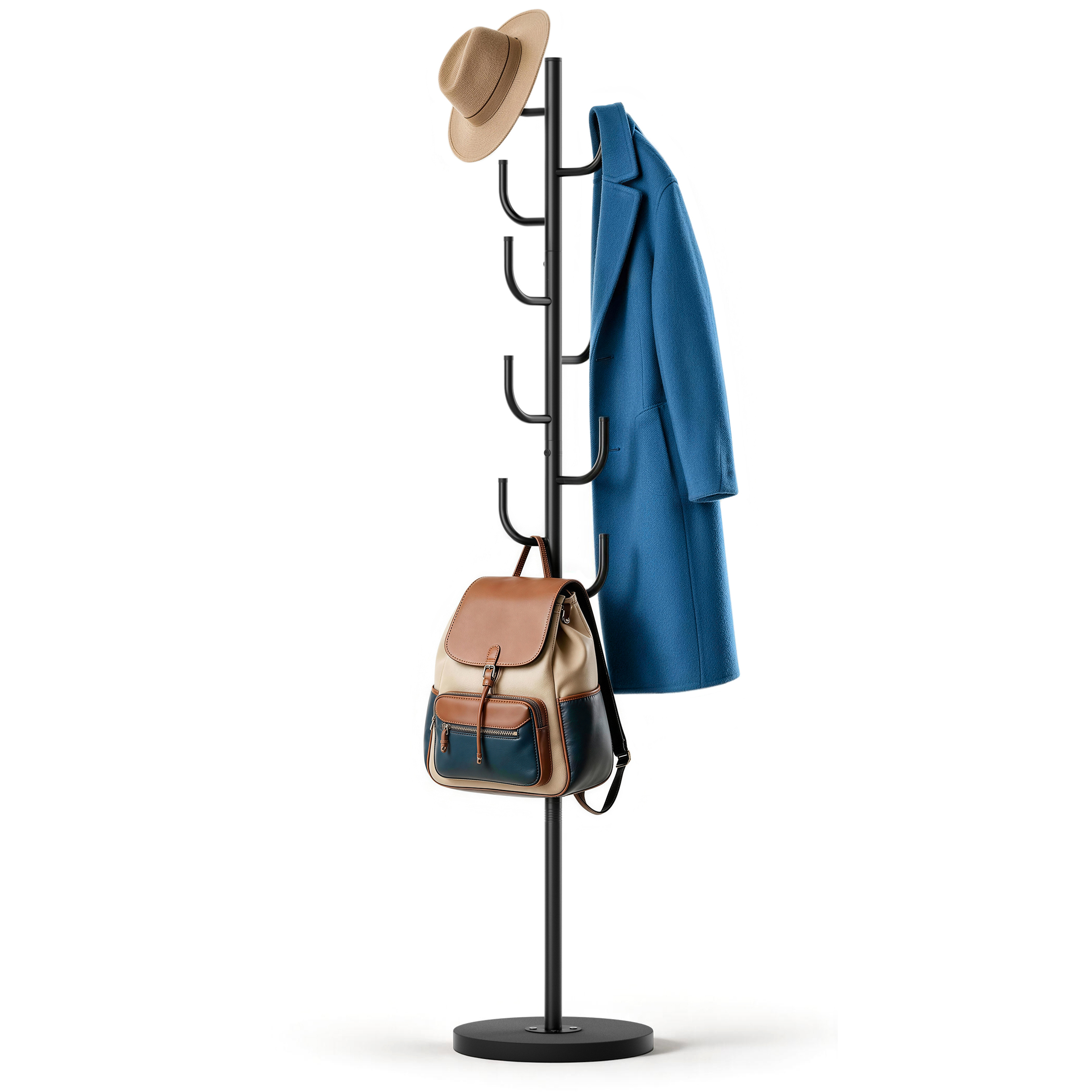 MISSLO Heavy Duty Coat Rack Freestanding Modern L-shaped Coat Tree 9 Hooks Metal Coat Hanger Stand with Stable Wood Base Adjustable Clothes Tree Standing Purse Rack for Hall, Bedroom, Office