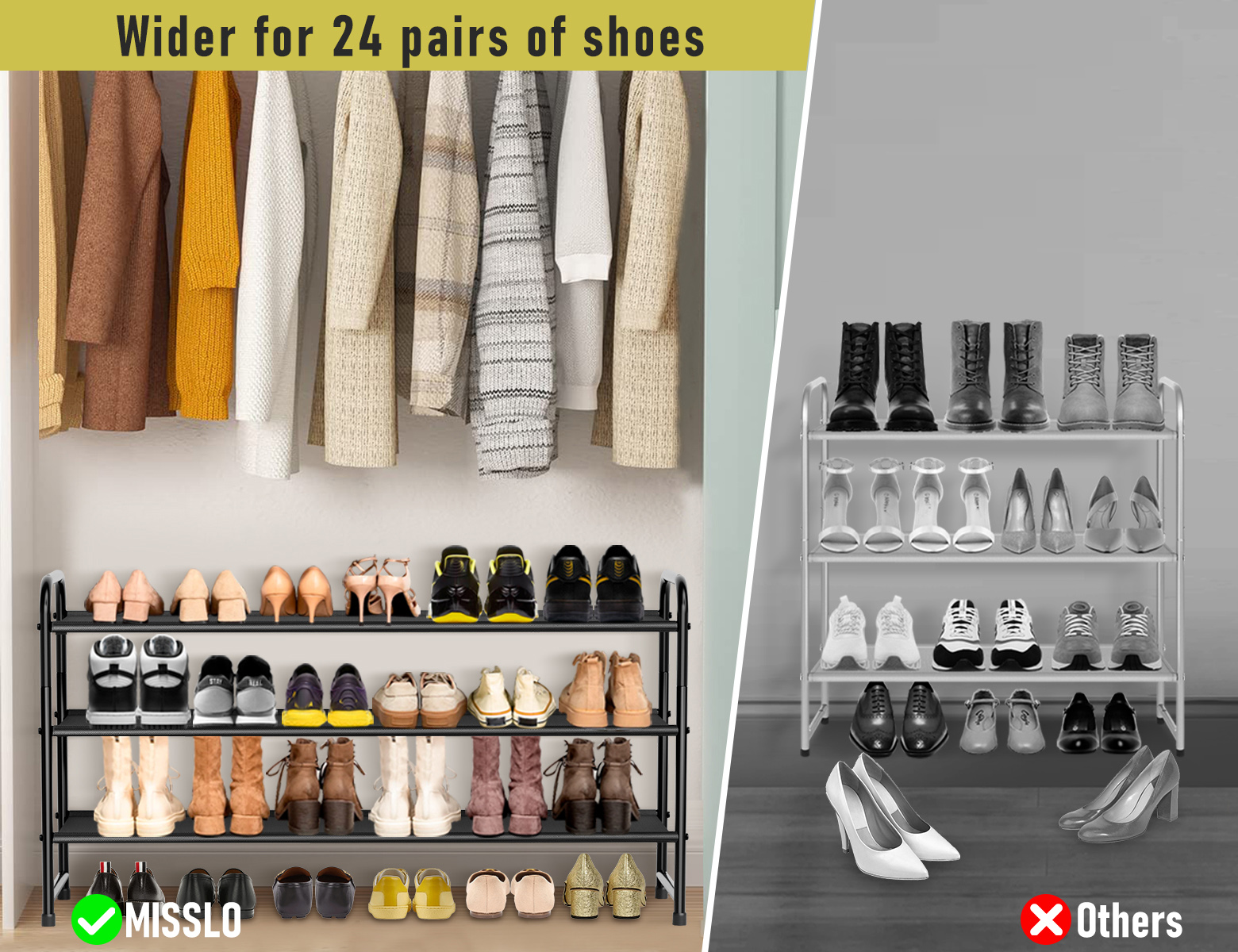 MISSLO 3-Tier Long Shoe Rack for Closet Shoe Organizer for Closet Floor Entryway Storage Stackable Wide Shoe Shelf Stores 24 Pairs of Men Sneakers, Black - Image 2