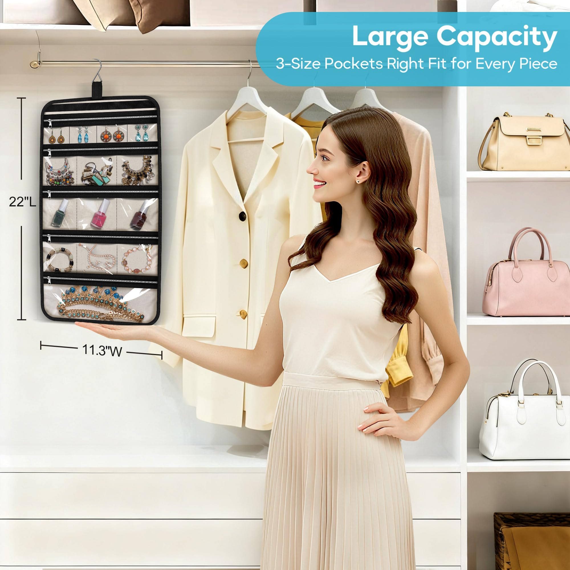 MISSLO Hanging Jewelry Organizer Travel Foldable Jewelry Roll Storage Case with 14 Cotton Zippered Pockets for Traveling, Closet, Suitcase - Image 2