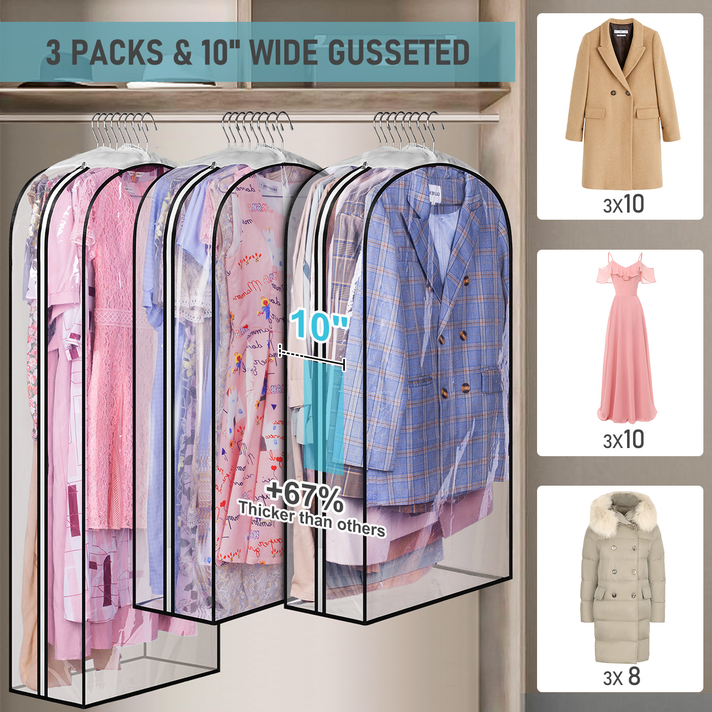 MISSLO 10" Gusseted All Clear Garment Bags for Hanging Clothes 40"+50" Suit Bags for Closet Storage Dresses Protectors for Shirts, Coats, Gowns, 3 Packs - Image 2