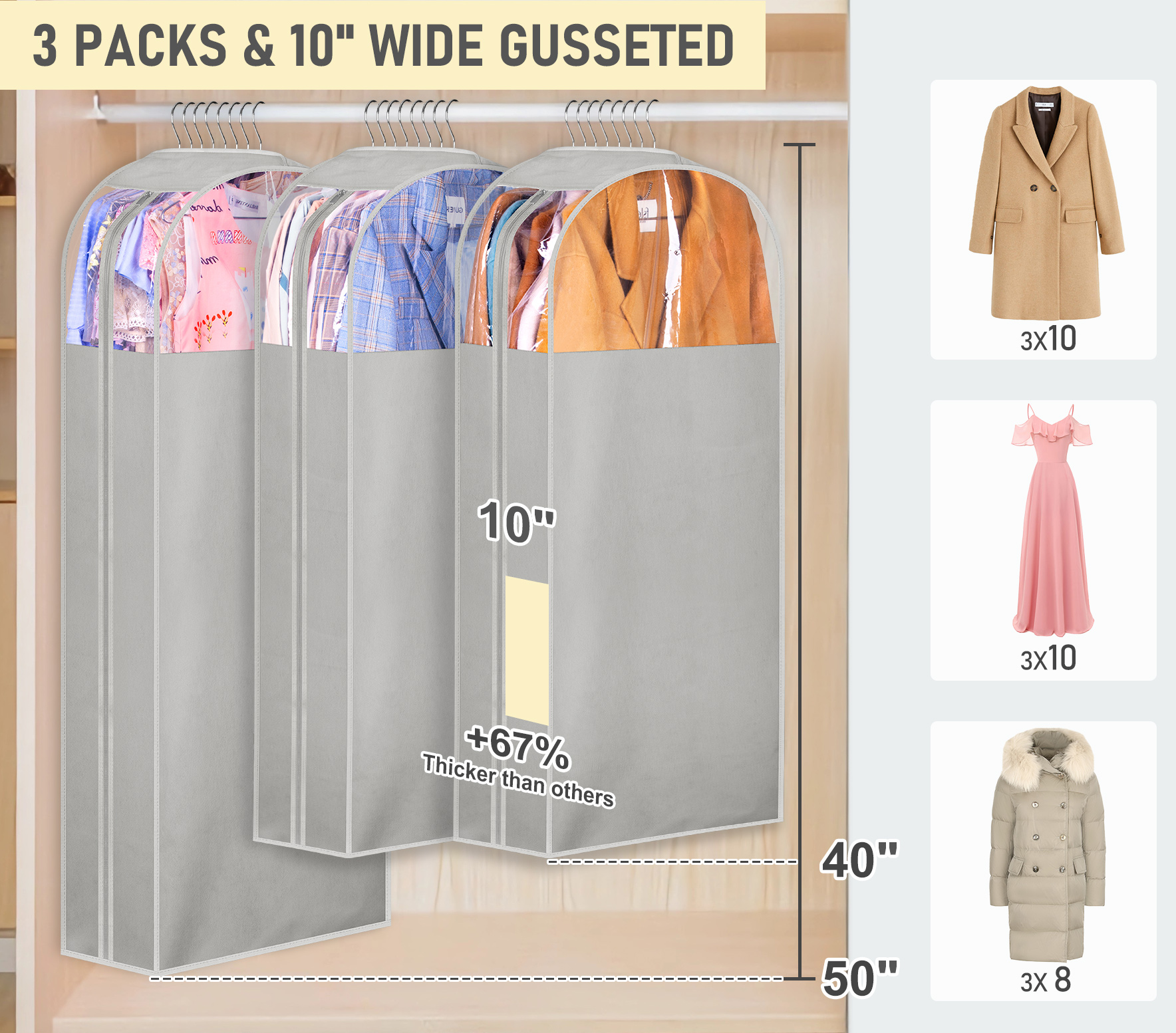 MISSLO 10" Gusseted Garment Bags for Hanging Clothes 40"+50" Clear Suit Bags for Closet Storage Dress Bag for Gowns Long Coat Protector, 3 Packs, Grey - Image 2