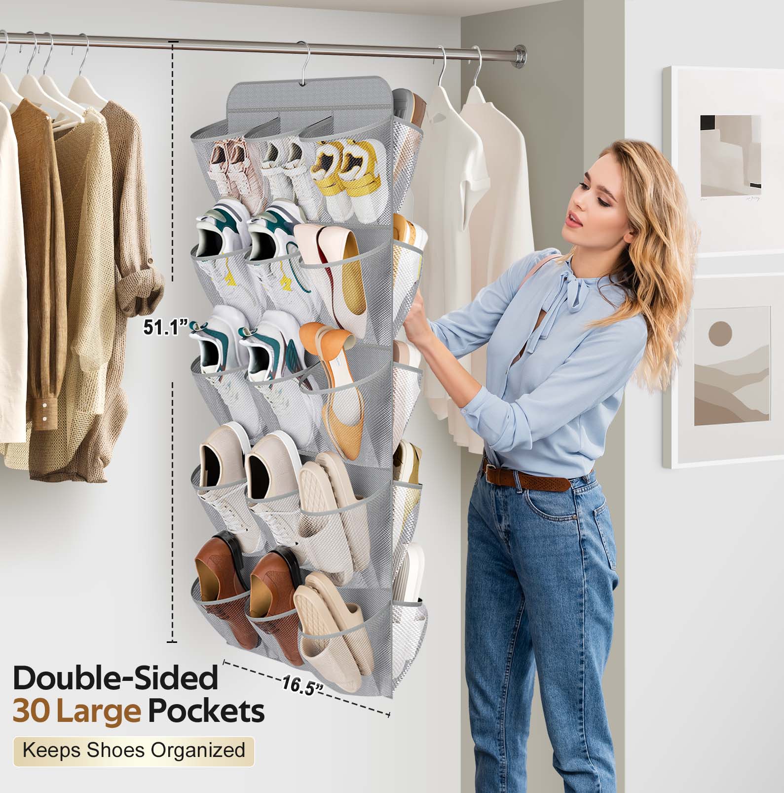 MISSLO 30 Large Pockets Dual Sided Hanging Shoe Organizer for Closet with Rotating Hanger Hanging Shoe Shelves, Grey - Image 2