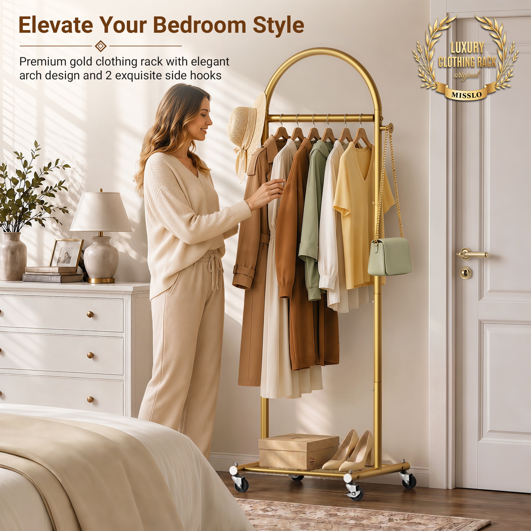 MISSLO 18" Small Clothes Racks for Hanging Clothes Arched Shape Gold Clothing Rack with Wheels 70.6" Metal Rolling Garment Rack with Shelves for Small Space, Bedroom, Laundry, Gold - Image 2