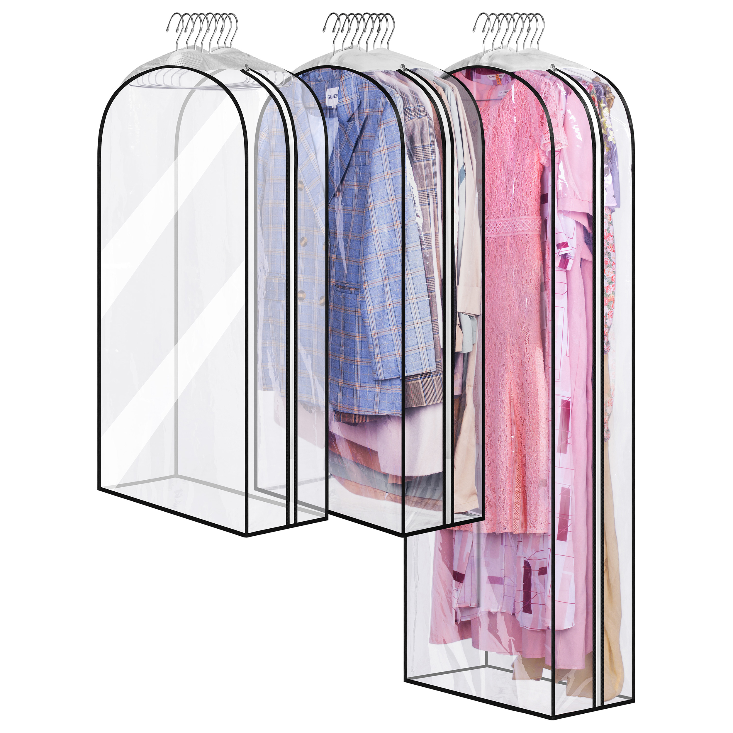 MISSLO 10" Gusseted All Clear Garment Bags for Hanging Clothes 40"+60" Suit Bags for Closet Storage Dresses Protectors for Shirts, Coats, Gowns, 3 Packs