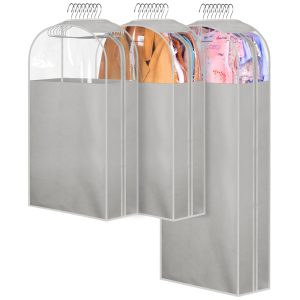 MISSLO 10" Gusseted Garment Bags for Hanging Clothes 40"+60" Clear Suit Bags for Closet Storage Dress Bag for Gowns Long Coat Protector, 3 Packs, Grey
