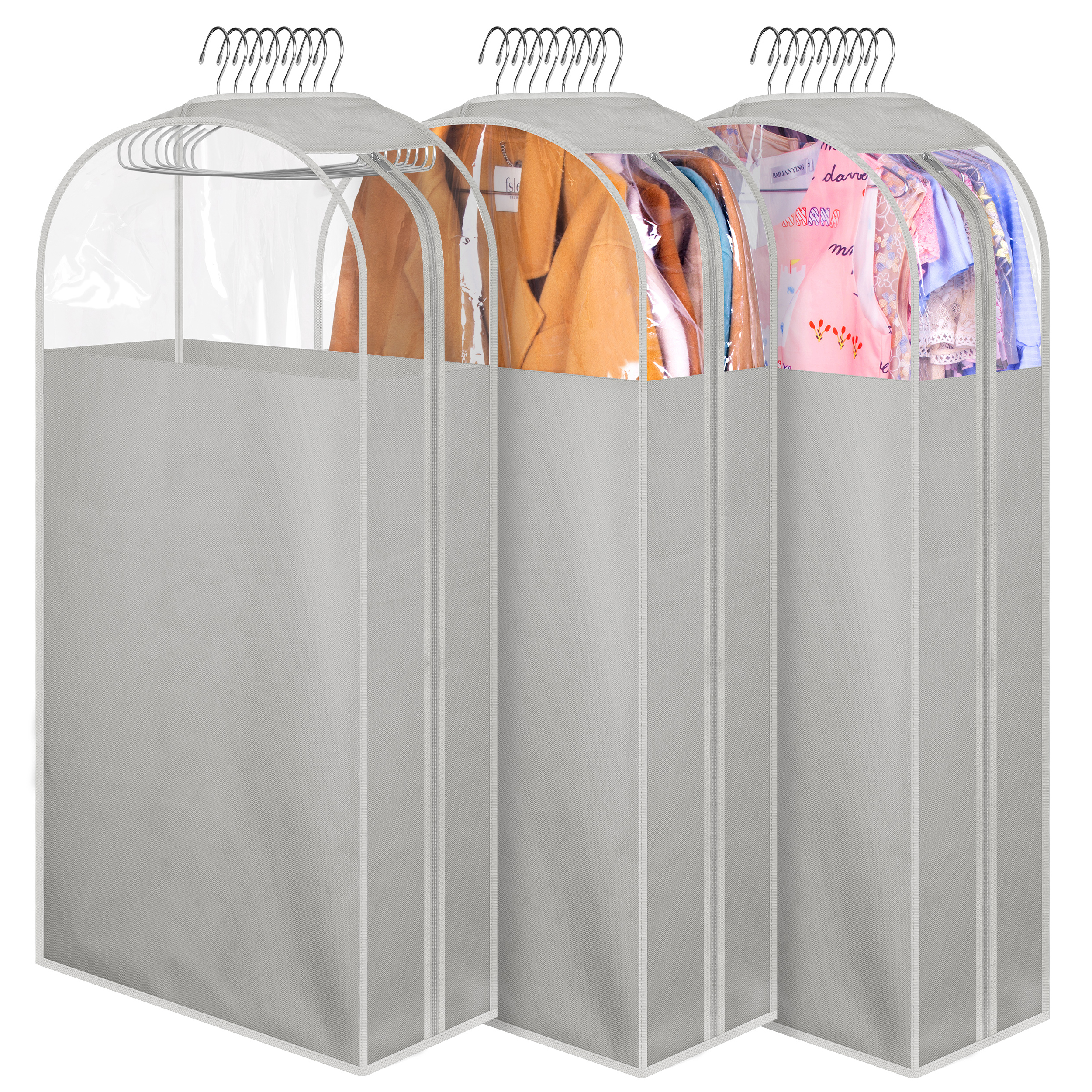 MISSLO 10" Gusseted Garment Bags for Hanging Clothes 40" Clear Suit Bags for Closet Storage Suits Cover Coat Protector, 3 Packs, Grey