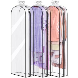 MISSLO 10" Gusseted All Clear Garment Bags for Hanging Clothes 60" Dress Bags for Gowns Long Fur Coat Closet Storage Covers, 3 Packs