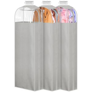 MISSLO 10" Gusseted Garment Bags for Hanging Clothes Storage 60" Dress Bags for Gowns Long Breathable Dress Cover for Closet Storage Coat Protector, 3 Packs, Grey