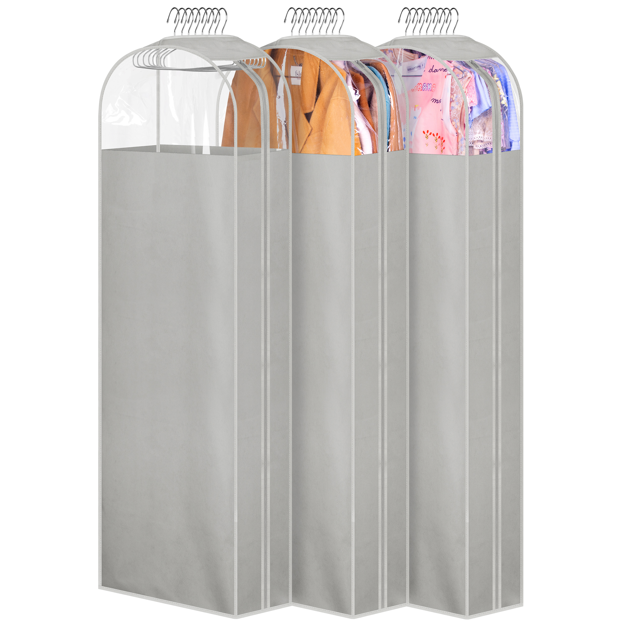 MISSLO 10" Gusseted Garment Bags for Hanging Clothes Storage 60" Dress Bags for Gowns Long Breathable Dress Cover for Closet Storage Coat Protector, 3 Packs, Grey