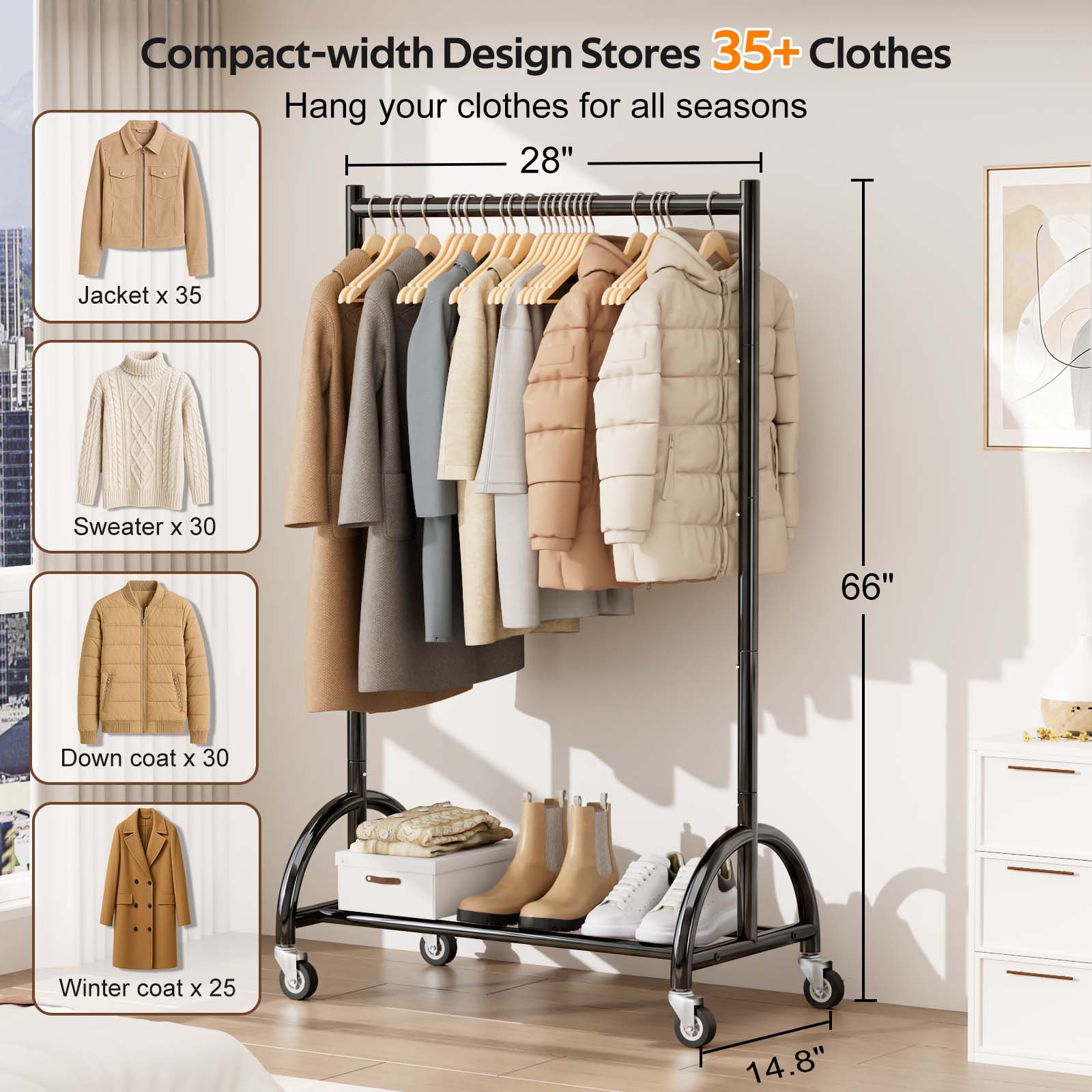 MISSLO Heavy Duty Clothing Rack with Wheels Rolling Clothes Racks for Hanging Clothes, Coats, Garment, Dress, Black, 28" W - Image 2