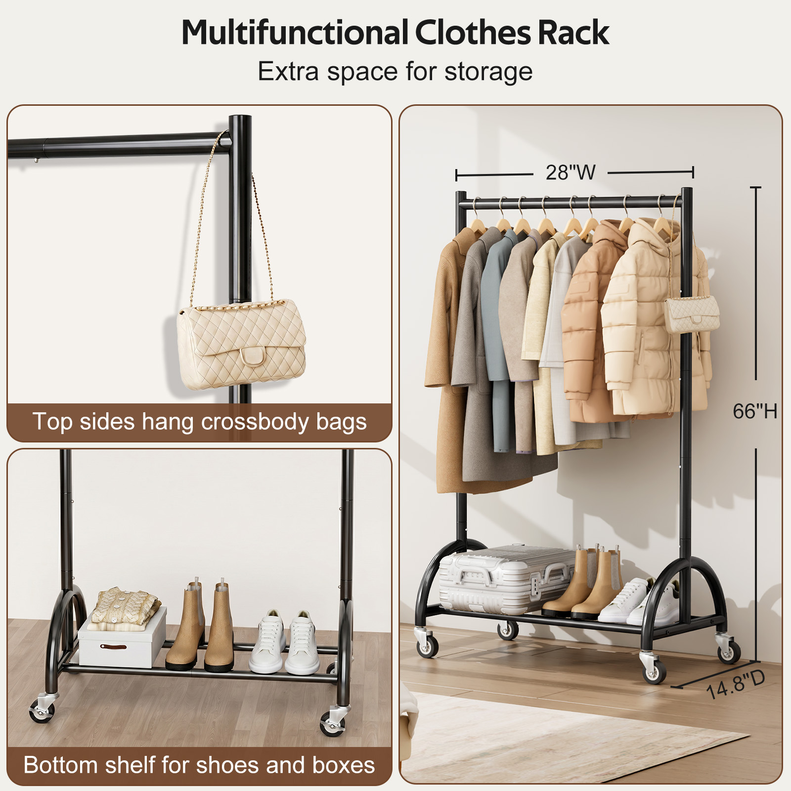 MISSLO Heavy Duty Clothing Rack with Wheels Rolling Clothes Racks for Hanging Clothes, Coats, Garment, Dress, Black, 28" W - Image 5