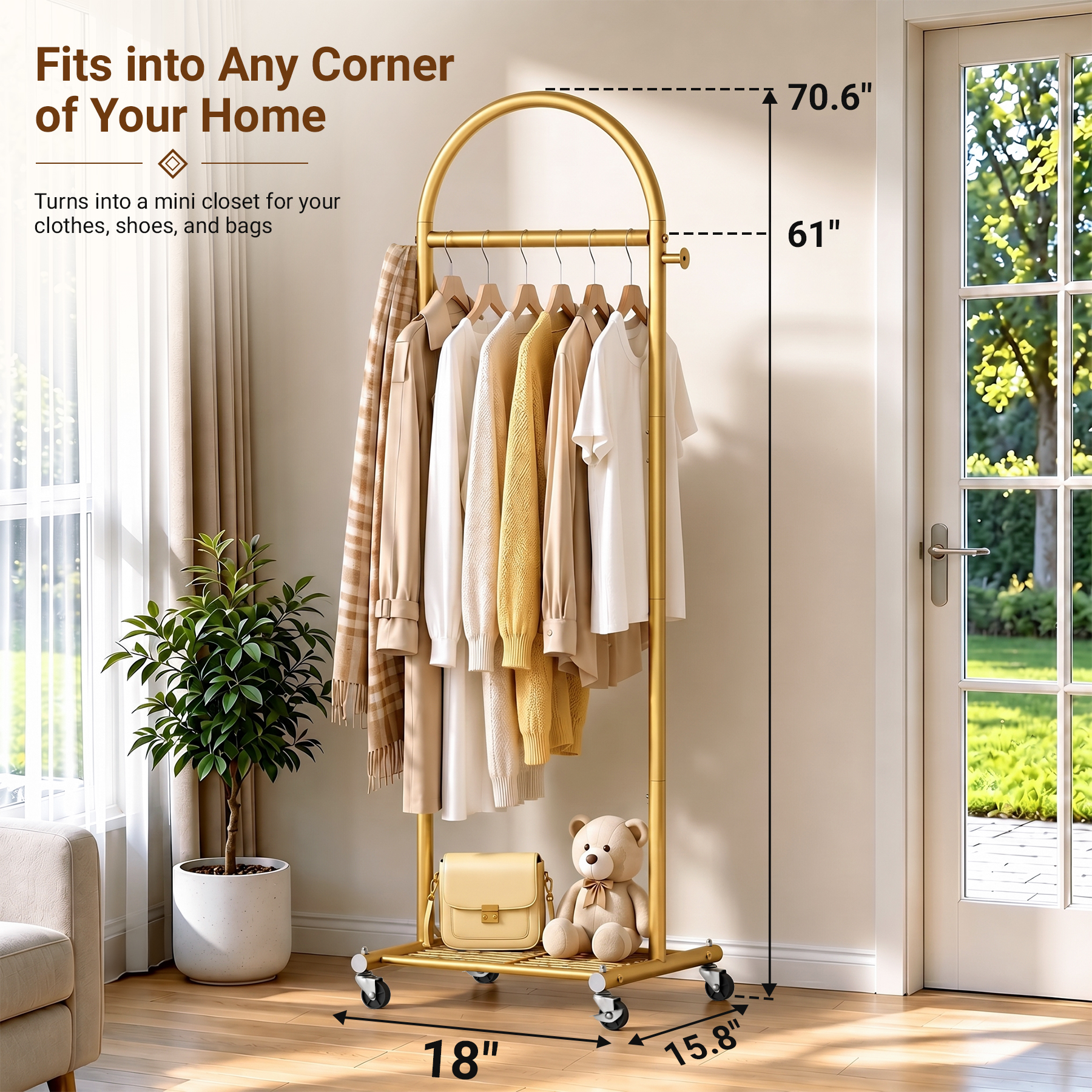 MISSLO 18" Small Clothes Racks for Hanging Clothes Arched Shape Gold Clothing Rack with Wheels 70.6" Metal Rolling Garment Rack with Shelves for Small Space, Bedroom, Laundry, Gold - Image 3
