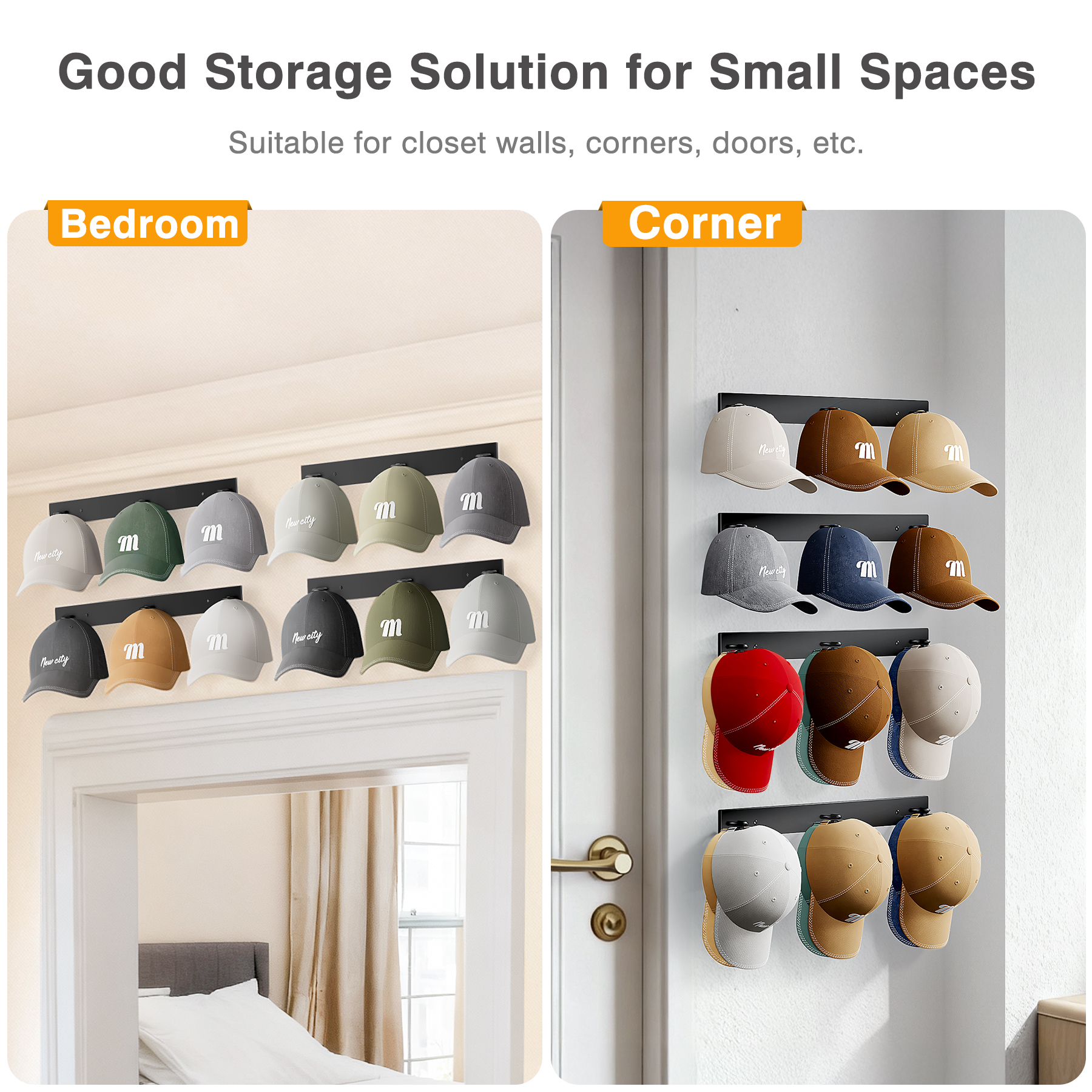 MISSLO Hat Rack for Wall with 2-way Display Hat Hooks for Wall Hanger 4 Pack Holds 24 Baseball Cap Holder Organizer for Closet, Wall Mounted, Bedroom Storage - Image 3