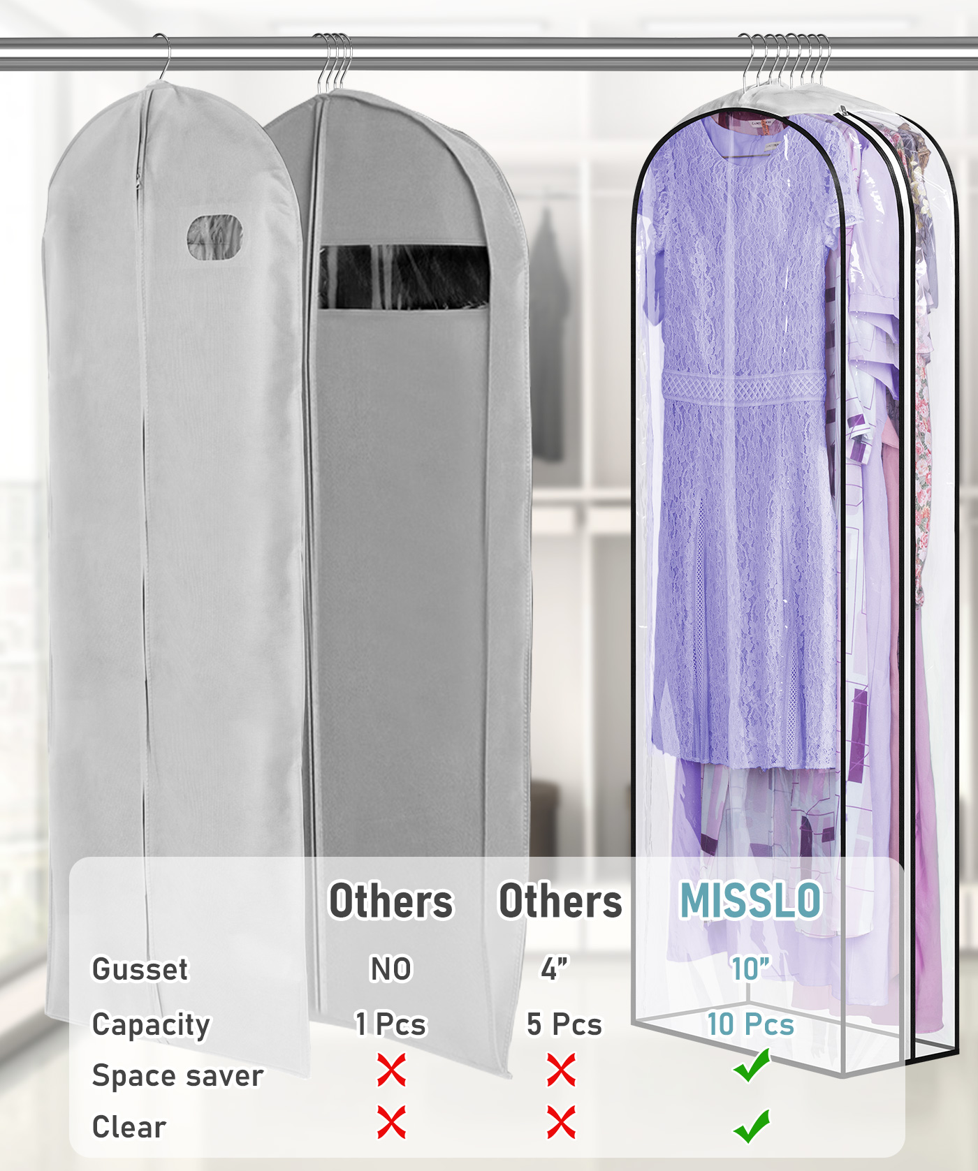 MISSLO 10" Gusseted All Clear Garment Bags for Hanging Clothes 60" Dress Bags for Gowns Long Fur Coat Closet Storage Covers, 3 Packs - Image 7