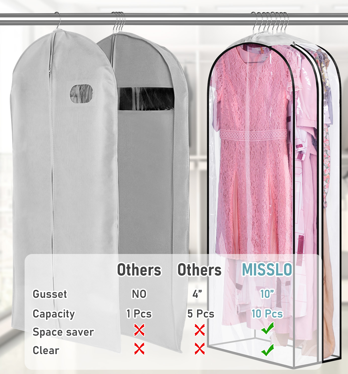 MISSLO 10" Gusseted All Clear Garment Bags for Hanging Clothes 50" Dress Bags for Closet Storage Coat Protectors for Suits, Gowns, 3 Packs - Image 3