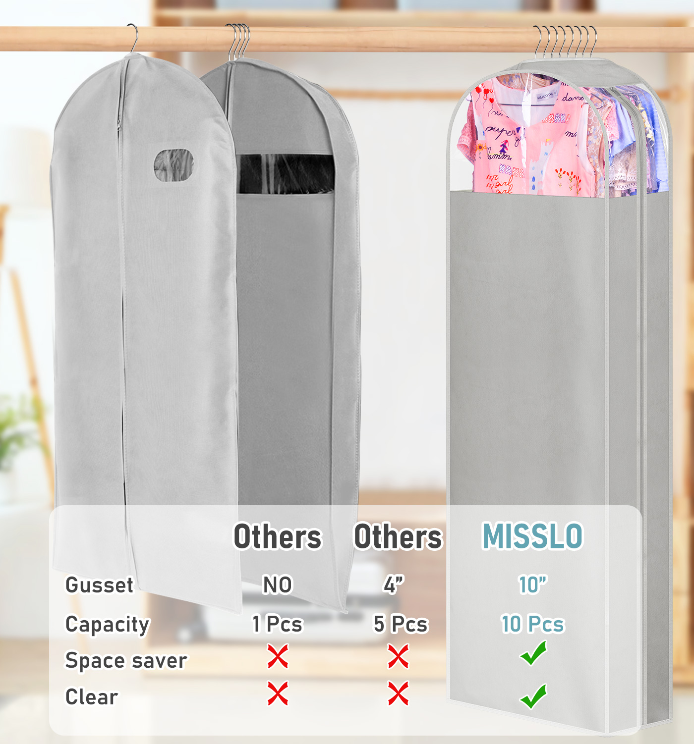 MISSLO 10" Gusseted Garment Bags for Hanging Clothes Storage 60" Dress Bags for Gowns Long Breathable Dress Cover for Closet Storage Coat Protector, 3 Packs, Grey - Image 3