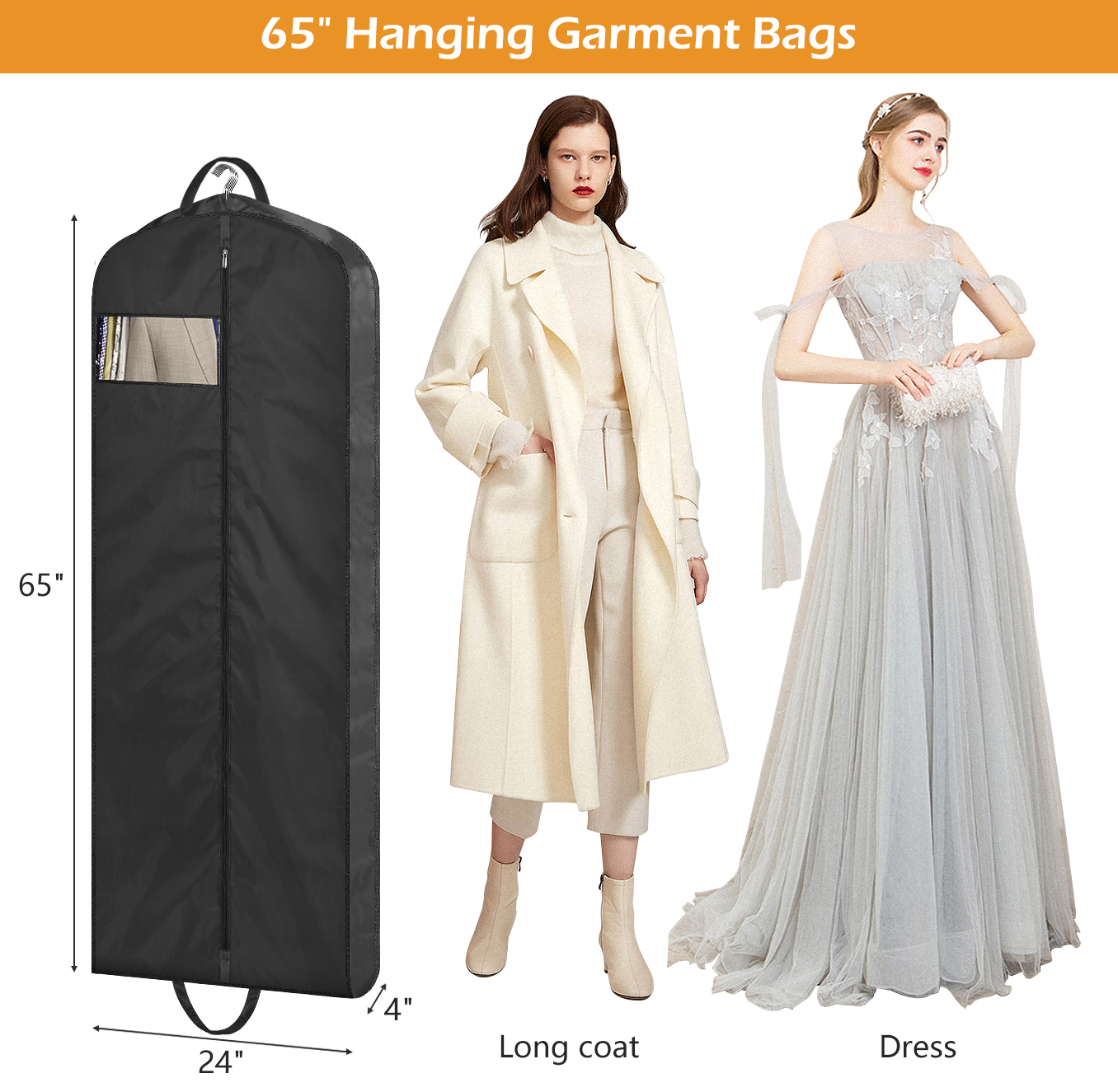 MISSLO 65" Gusseted Hanging Garment Bags for Travel Long Dress Cover Water Resistant Sturdy Fabric Dress Bags for Gowns Long Closet Clothes Protectors, Black - Image 3