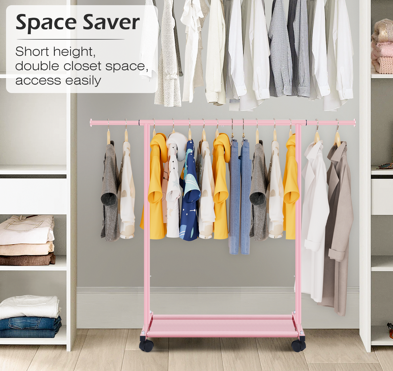 MISSLO Small Garment Racks for Hanging Clothes Rack Mini Kids Clothing Rack Rolling Dress up Storage for Toddler, Baby, Little Girl, Children, Adult(Pink) - Image 3