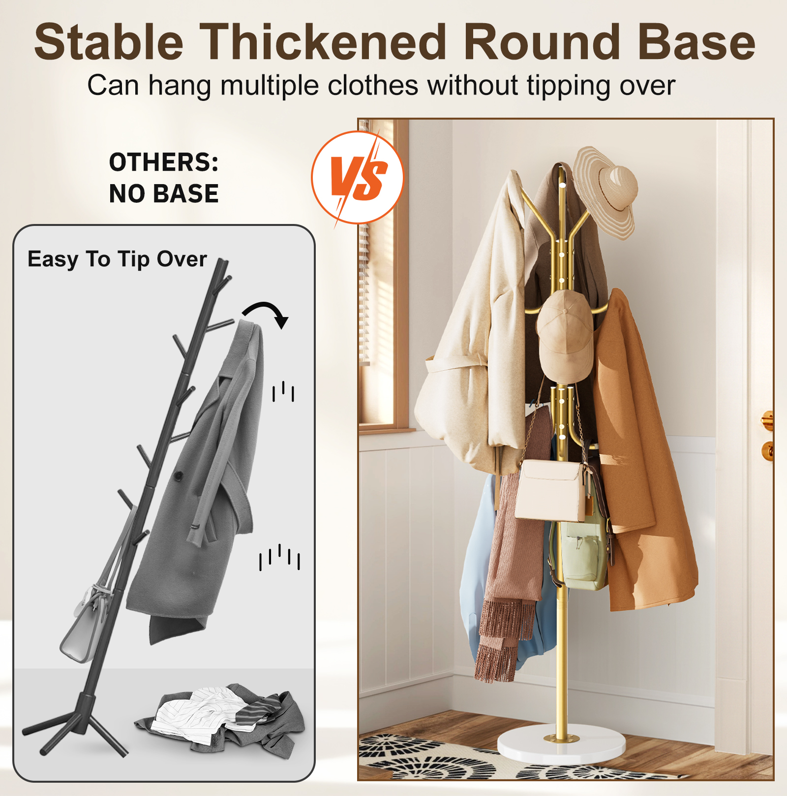 MISSLO Heavy Duty Coat Rack Freestanding with Stable Wood Base Modern Coat Tree with 12 Hooks Adjustable Coats Hanger Stand Stylish Standing Clothes Tree for Entryway Bedroom Corner Hall (Brown) - Image 3
