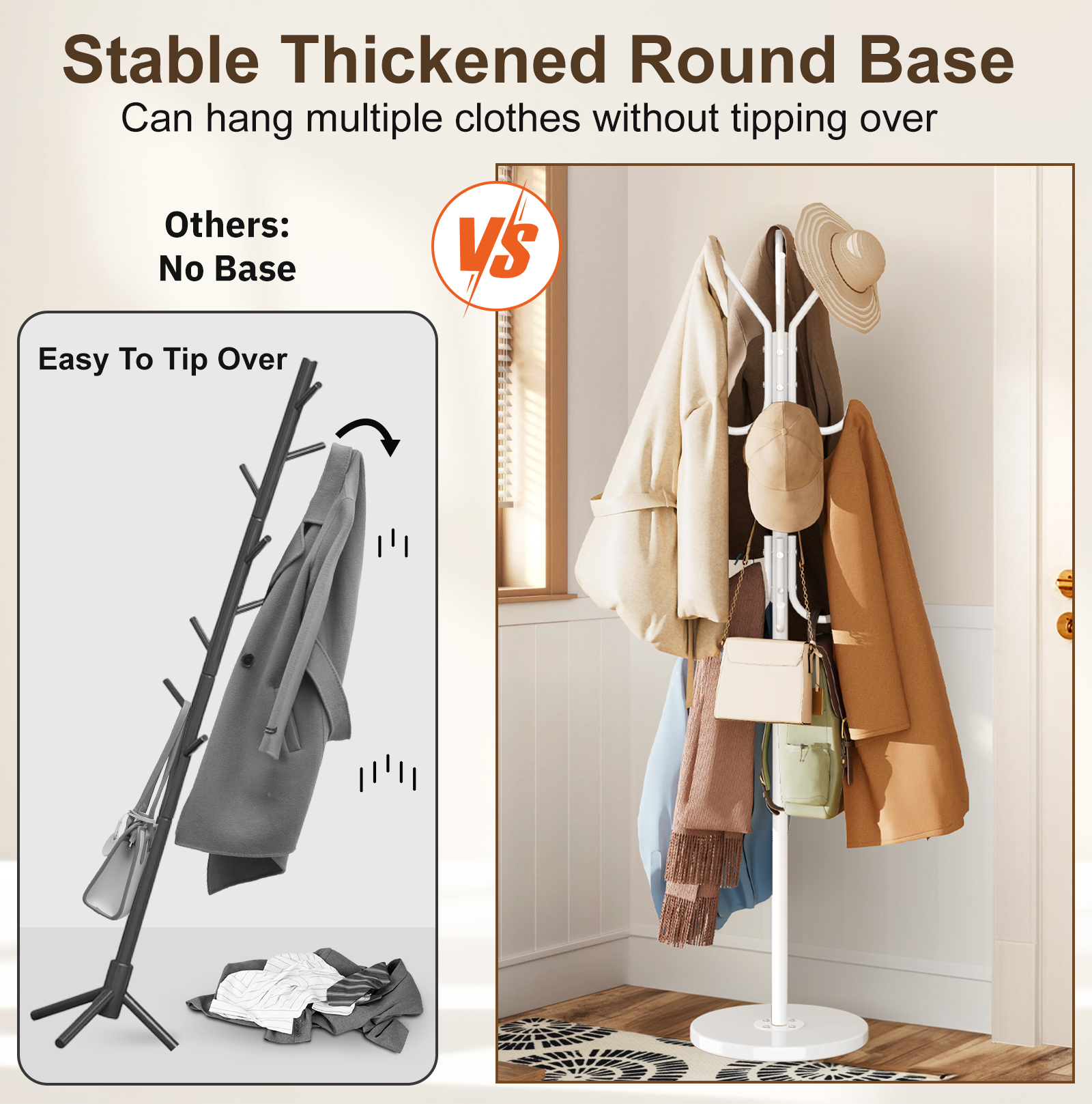 MISSLO Heavy Duty Coat Rack Freestanding with Stable Wood Base Modern Coat Tree with 12 Hooks Adjustable Coats Hanger Stand Stylish Standing Clothes Tree for Entryway Bedroom Corner Hall (White) - Image 3