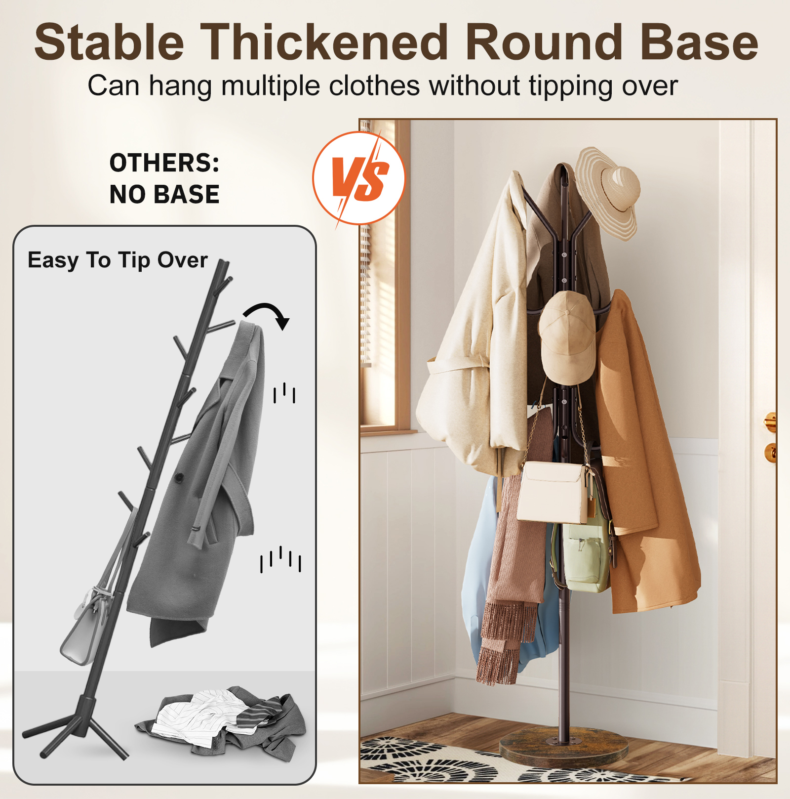 MISSLO Heavy Duty Coat Rack Freestanding with Stable Wood Base Modern Coat Tree with 12 Hooks Adjustable Coats Hanger Stand Stylish Standing Clothes Tree for Entryway Bedroom Corner Hall (Brown) - Image 3