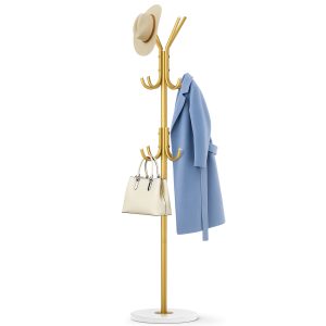 MISSLO Heavy Duty Coat Rack Freestanding with Stable Wood Base Modern Coat Tree with 12 Hooks Adjustable Coats Hanger Stand Stylish Standing Clothes Tree for Entryway Bedroom Corner Hall (Brown)