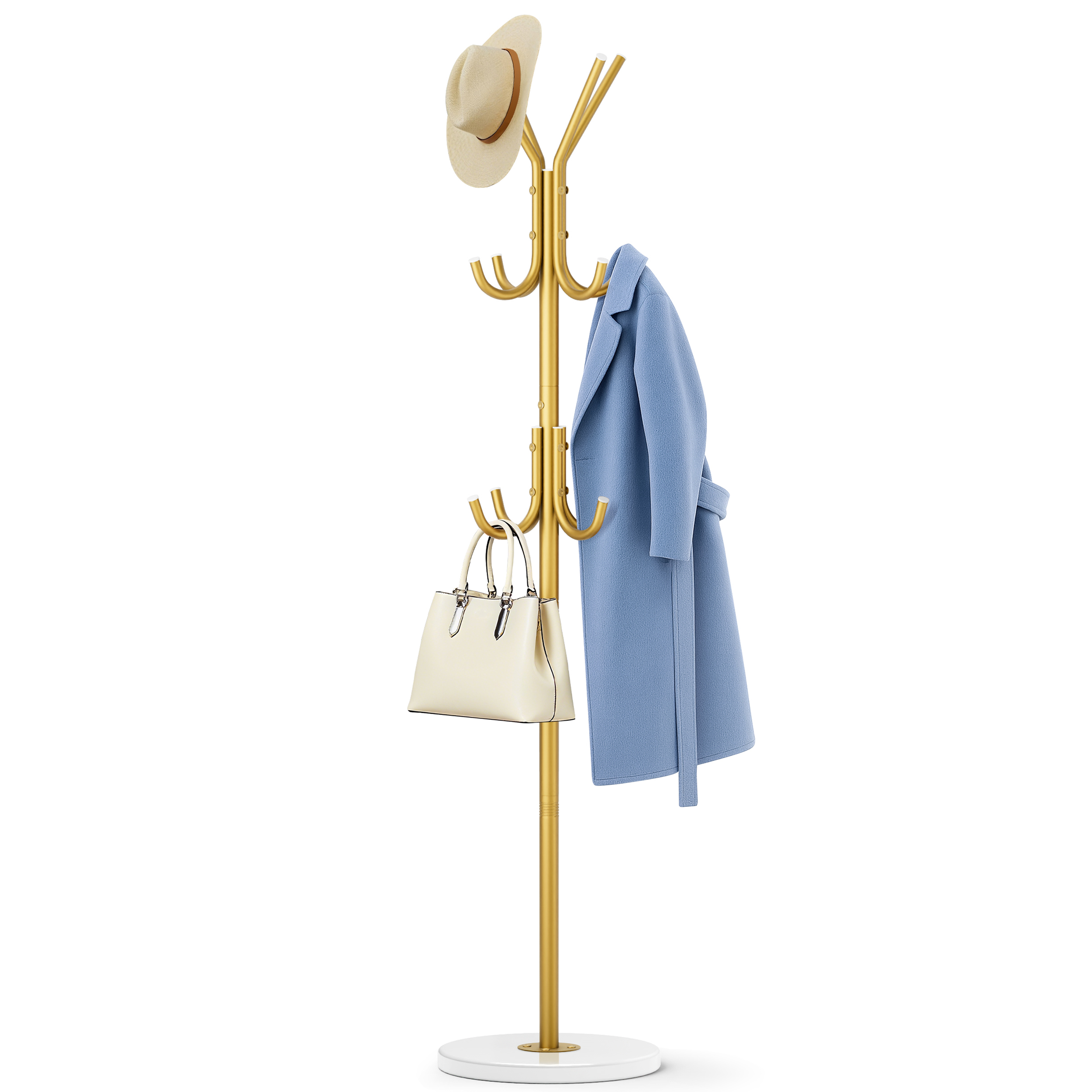 MISSLO Heavy Duty Coat Rack Freestanding with Stable Wood Base Modern Coat Tree with 12 Hooks Adjustable Coats Hanger Stand Stylish Standing Clothes Tree for Entryway Bedroom Corner Hall (Brown)