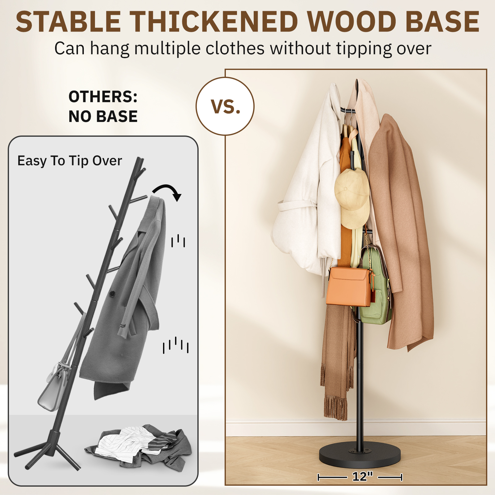 MISSLO Heavy Duty Coat Rack Freestanding with Stable Wood Base Metal Coat Tree Adjustable Coats Hanger Stand with 6 Hooks Clothes Tree for Jackets, Hats, Bags Standing Purse Rack for Bedroom, Office - Image 3