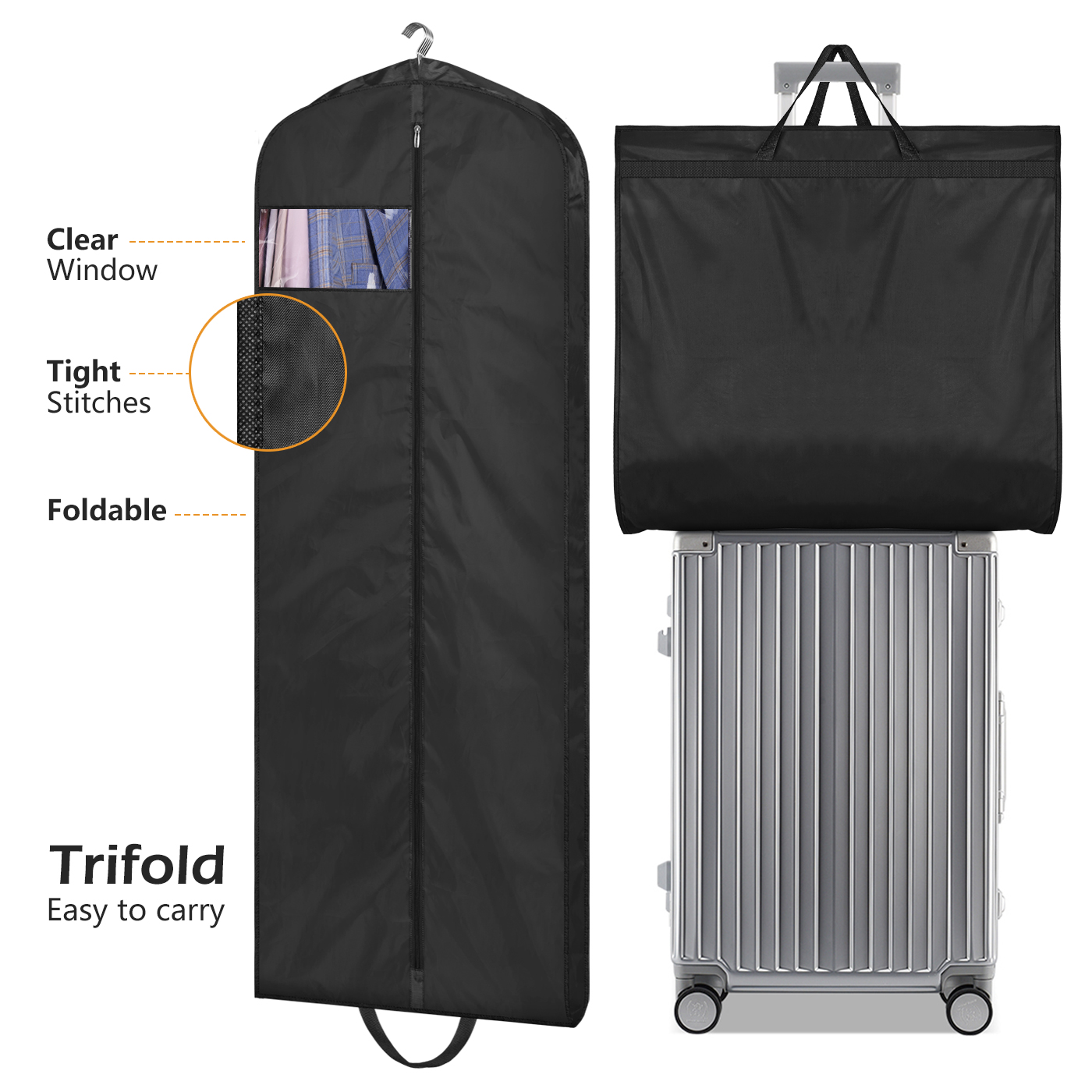 MISSLO 65" Long Garment Bags for Travel Dress Bags for Hanging Clothes Waterproof Wedding Dress Cover Traveling Clothing Protectors for Closet Storage 3-Pack for Gowns, Tuxedos, Coats, Black - Image 8