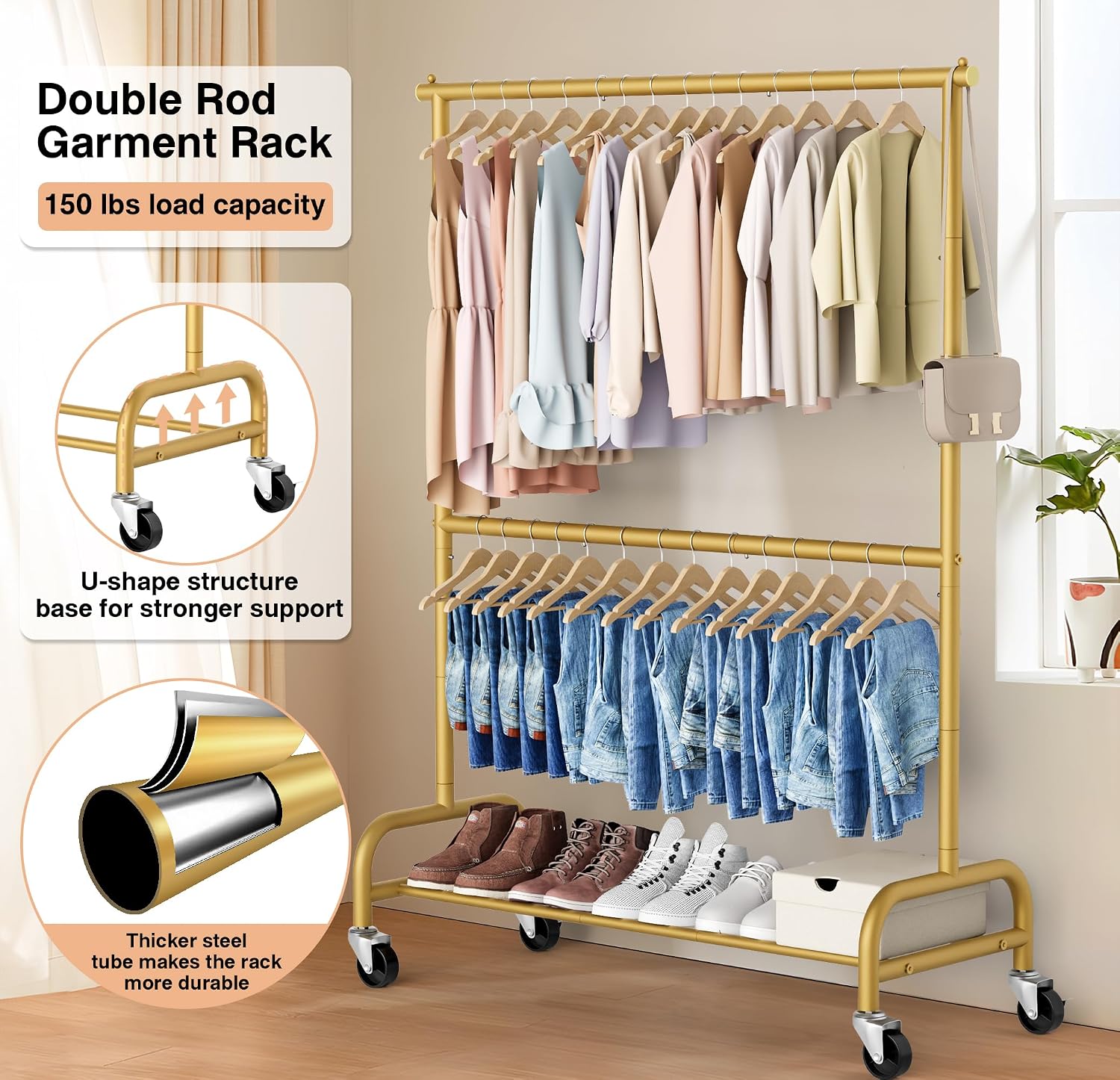 MISSLO Gold Clothing Racks for Hanging Clothes Heavy Duty Clothes Rack Double Garment Rack Metal Rolling Coat Rack Closet Wardrobe Rack on Wheels - Image 3