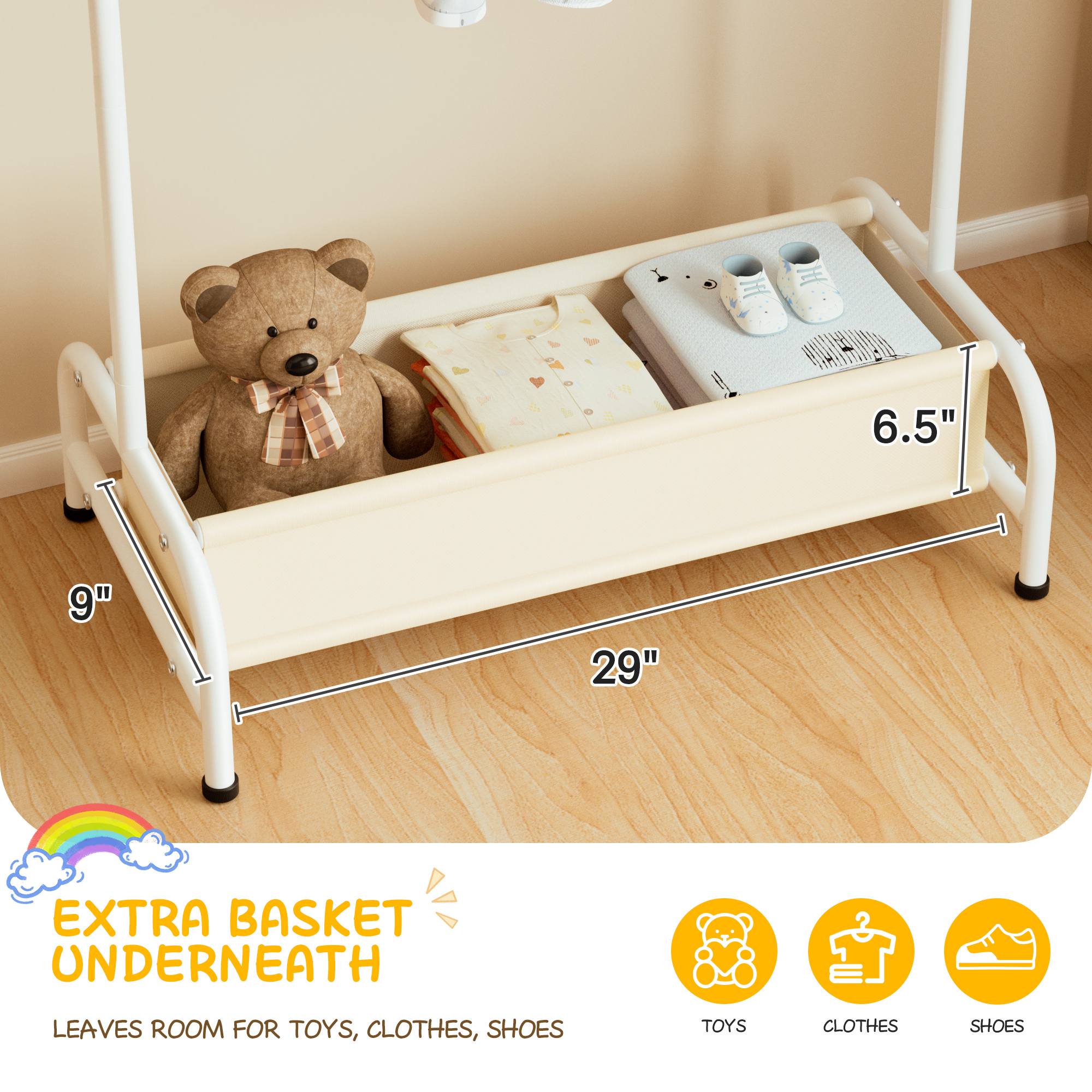 MISSLO Kids Clothing Rack with Basket Small Dress Up Storage Short Toddler Dress Up Rack Kids Closet for Baby Clothes, White - Image 3