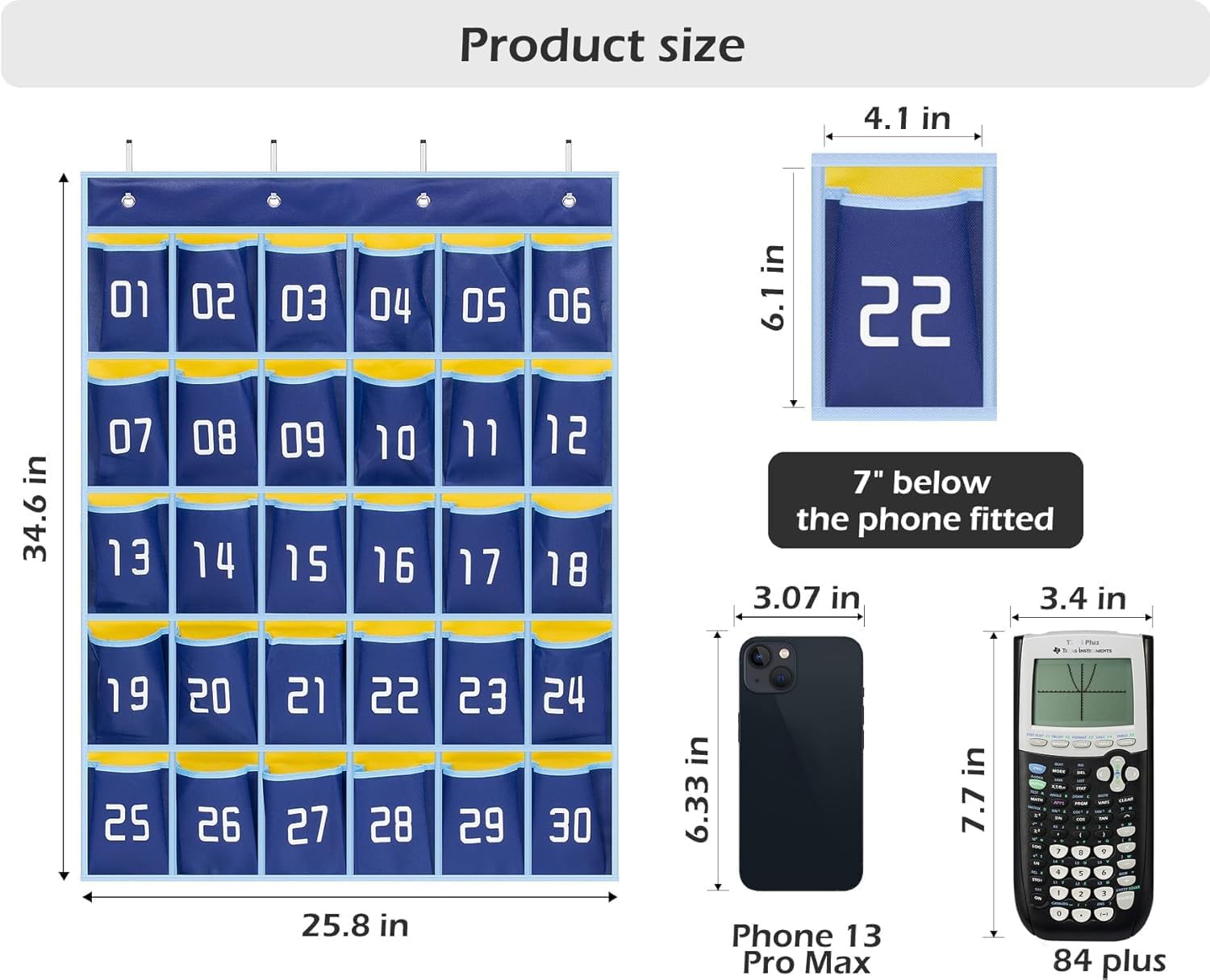 MISSLO Classroom Cell Phone Calculator Holder Numbered 30 Pockets Chart Hanging Wall Door Storage Organizer (Blue) - Image 3