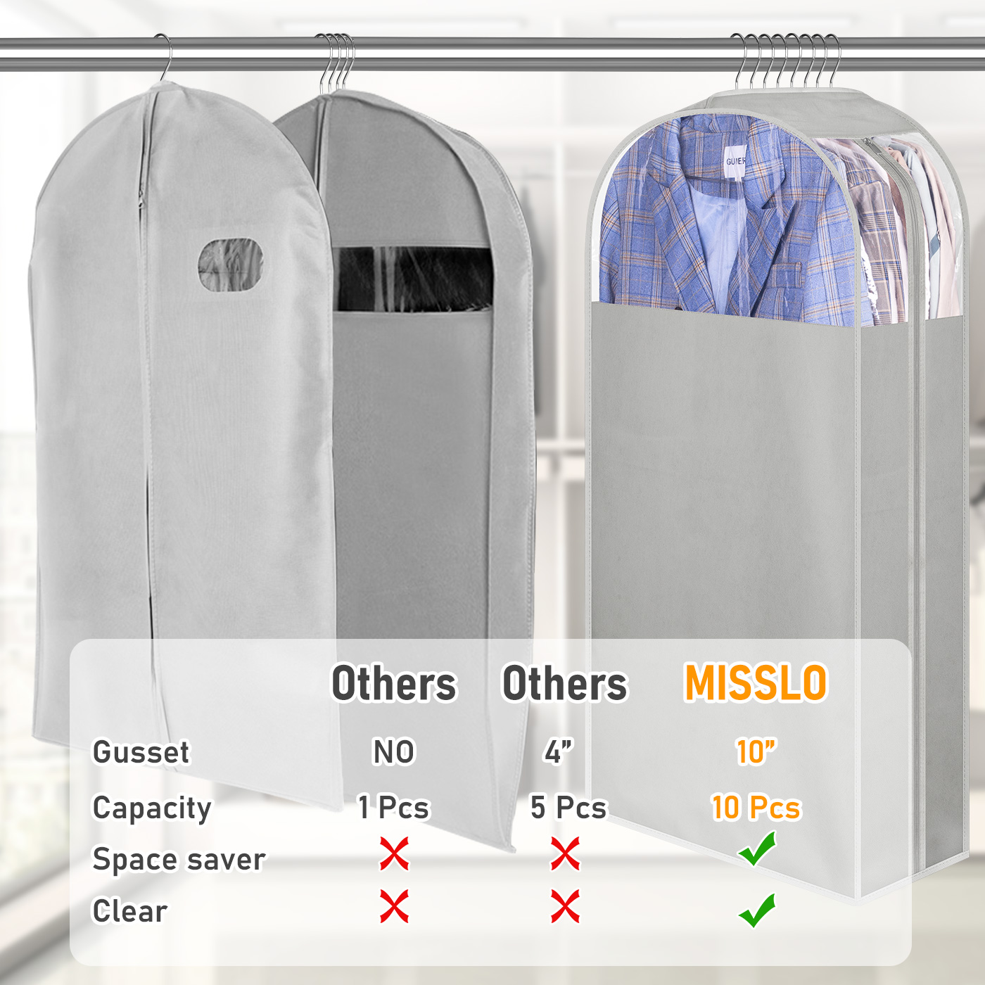 MISSLO 10" Gusseted Garment Bags for Hanging Clothes 40" Clear Suit Bags for Closet Storage Suits Cover Coat Protector, 3 Packs, Grey - Image 3