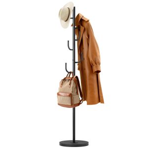 MISSLO Heavy Duty Coat Rack Freestanding with Stable Wood Base Metal Coat Tree Adjustable Coats Hanger Stand with 6 Hooks Clothes Tree for Jackets, Hats, Bags Standing Purse Rack for Bedroom, Office