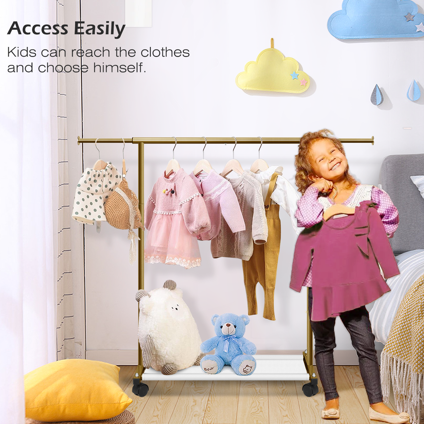 MISSLO Short Clothing Racks for Hanging Clothes with Bottom Shelves and Wheels Heavy Duty Rolling Clothes Rack Kids Clothing Rack for Adult Coat, Closet, Wardrobe (Gold) - Image 4