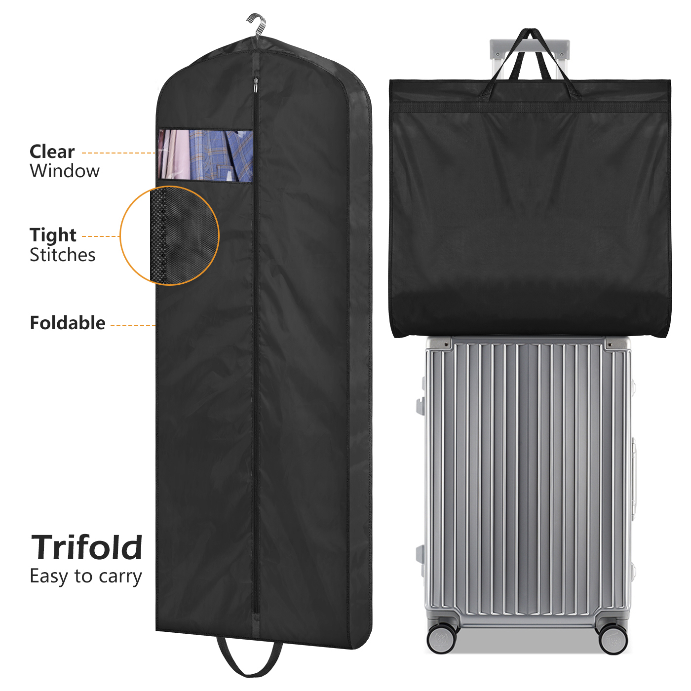 MISSLO 65" Gusseted Hanging Garment Bags for Travel Long Dress Cover Water Resistant Sturdy Fabric Dress Bags for Gowns Long Closet Clothes Protectors, Black - Image 7
